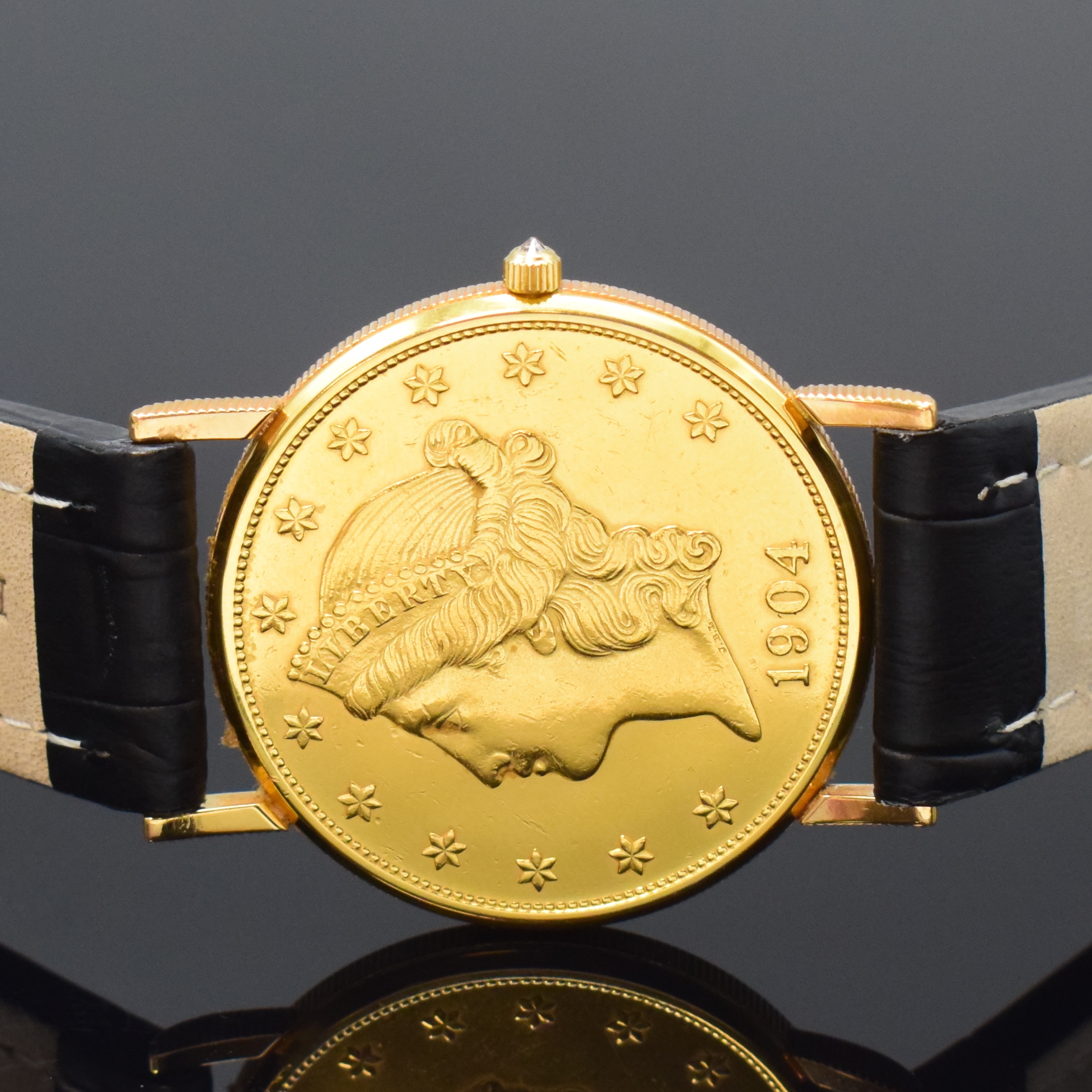 Detail c: CORUM Twenty Dollars 1904 Herrenarmbanduhr sogenannte Coinwatch, Schweiz um 1980, quarz, in Form einer 20 US-Dollarmünze Golden Eagle, GG 750/000 ...