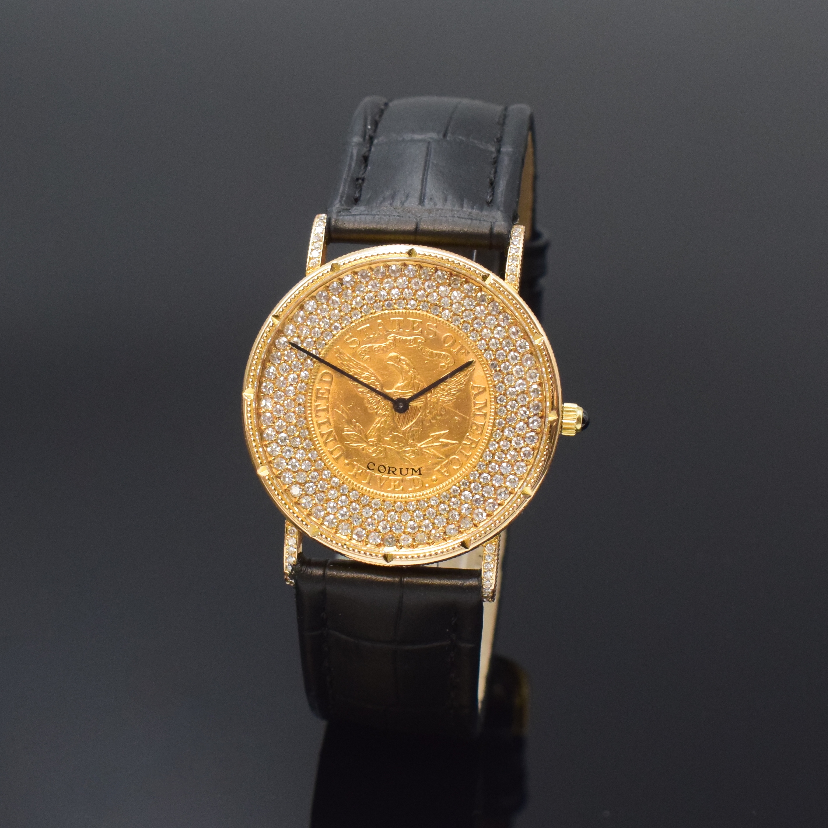 CORUM 5 Dollars 1891 Armbanduhr in Form einer 5 Dollar-US-Goldmünze, Handaufzug, Schweiz 1990er Jahre, massiv GG 750/000, Münzrand, Boden aufgedr., ...