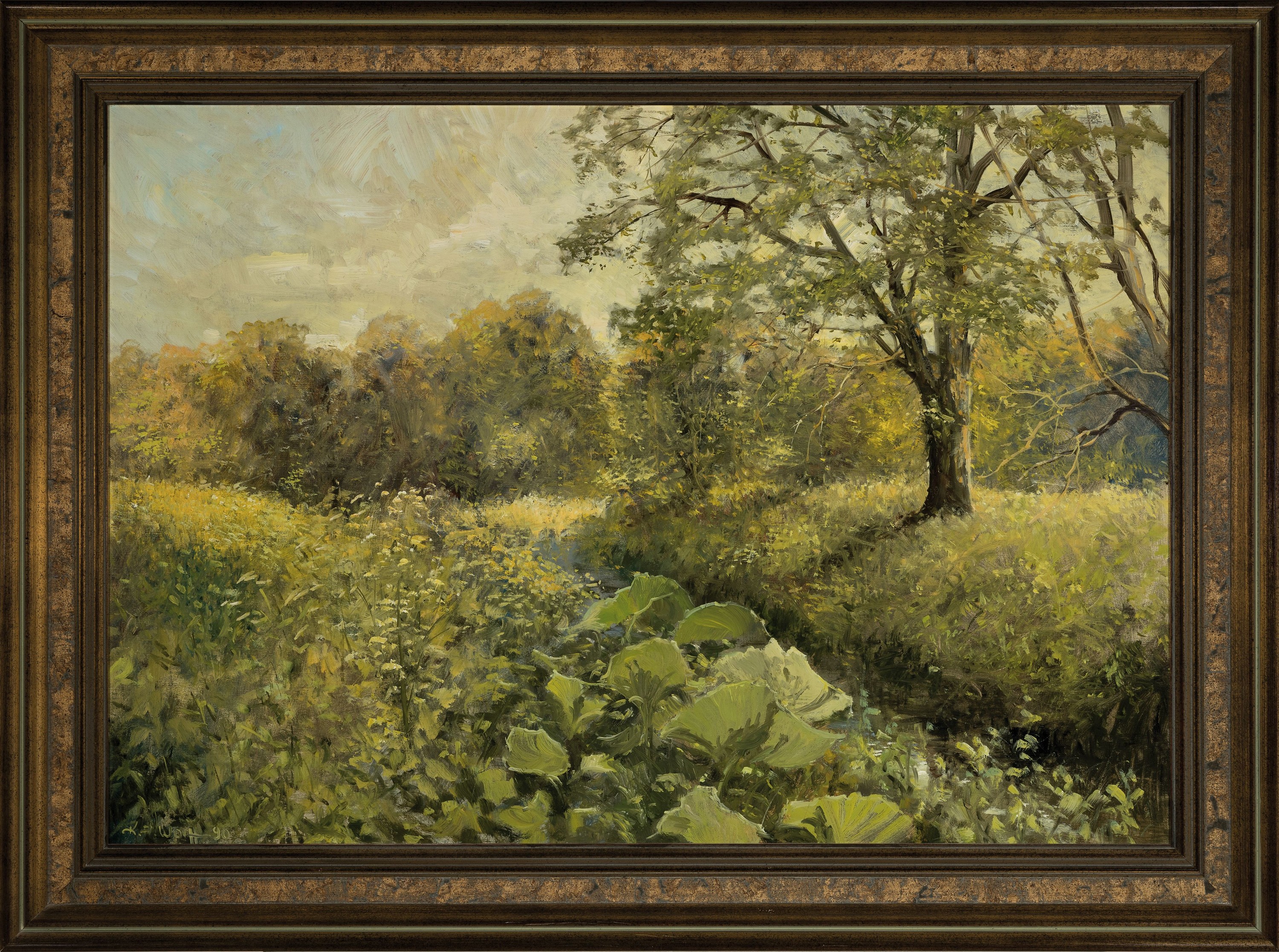 Detail k: Karl August Wolff, geb. 1938 Ludwigshafen, Sommerliche Landschaft mit Wiesen und Bachlauf, Öl/Lwd, links unten sign. und dat. 90, ca. 70x100cm, R.