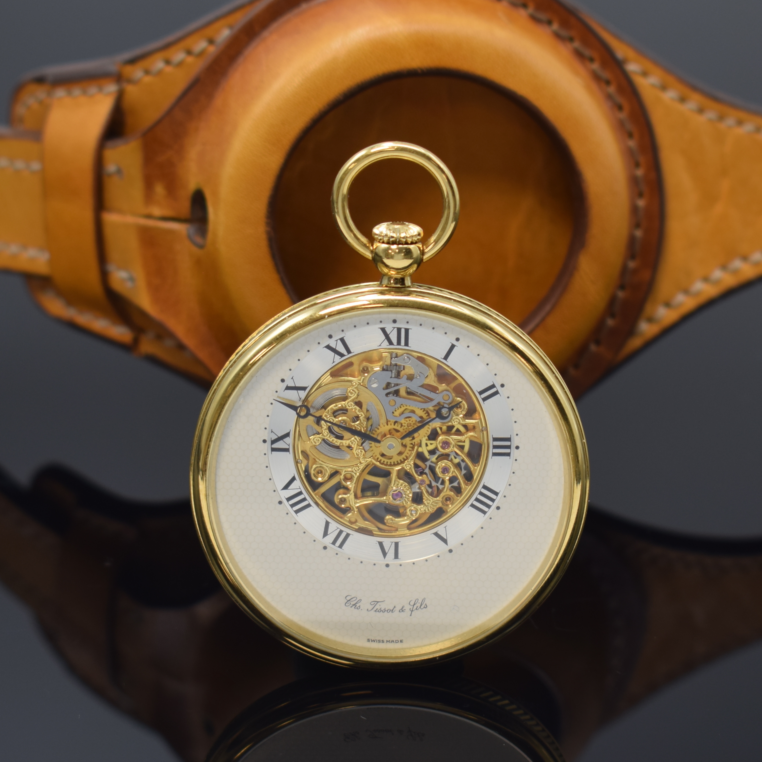 CH.TISSOT & FILS offene Taschenuhr mit skelettiertem Sichtwerk, Schweiz nach altem Vorbild, Handaufzug, verg. Geh., Boden u. Glasrand aufgedr., ...