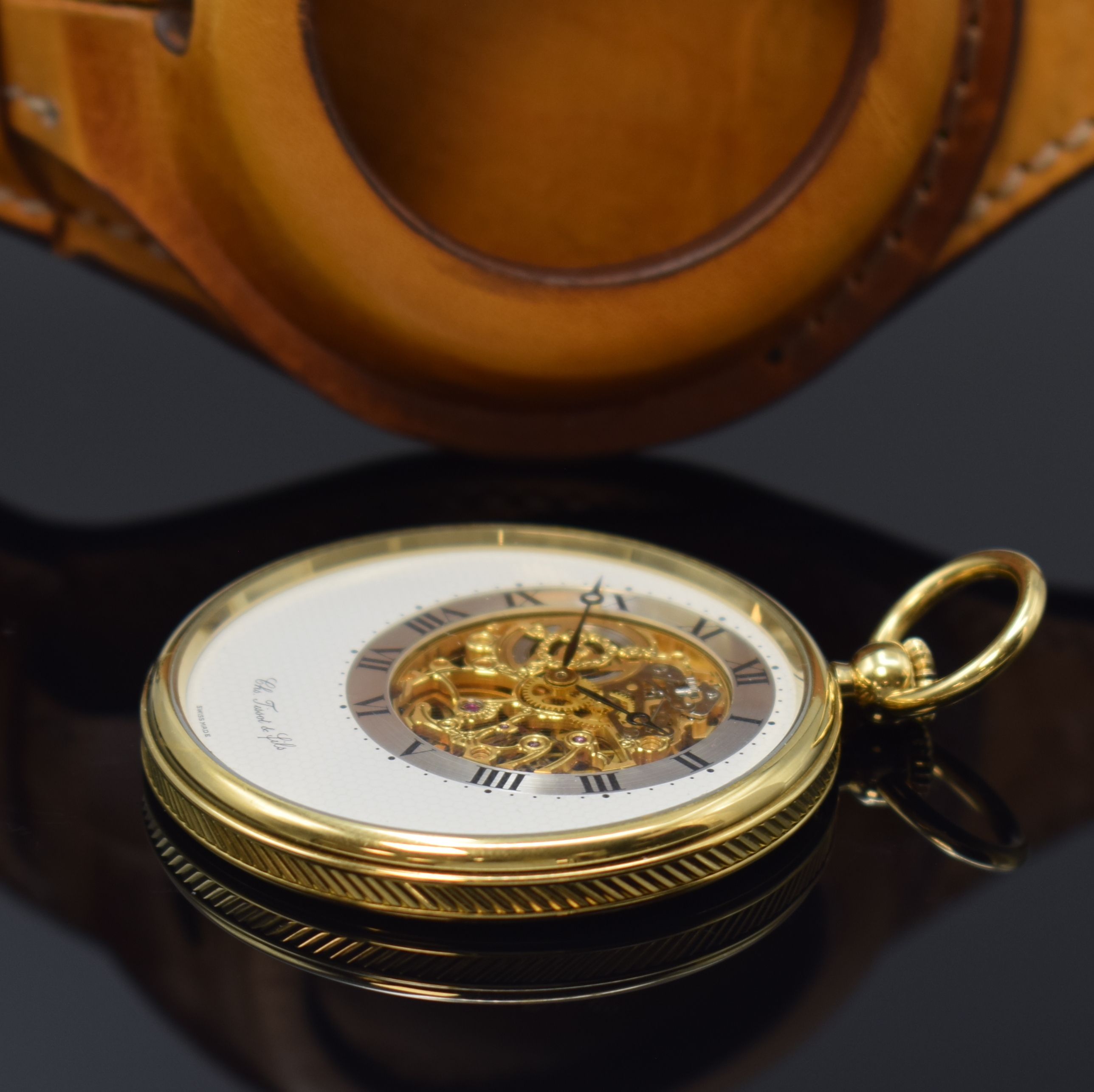 Detail b: CH.TISSOT & FILS offene Taschenuhr mit skelettiertem Sichtwerk, Schweiz nach altem Vorbild, Handaufzug, verg. Geh., Boden u. Glasrand aufgedr., ...