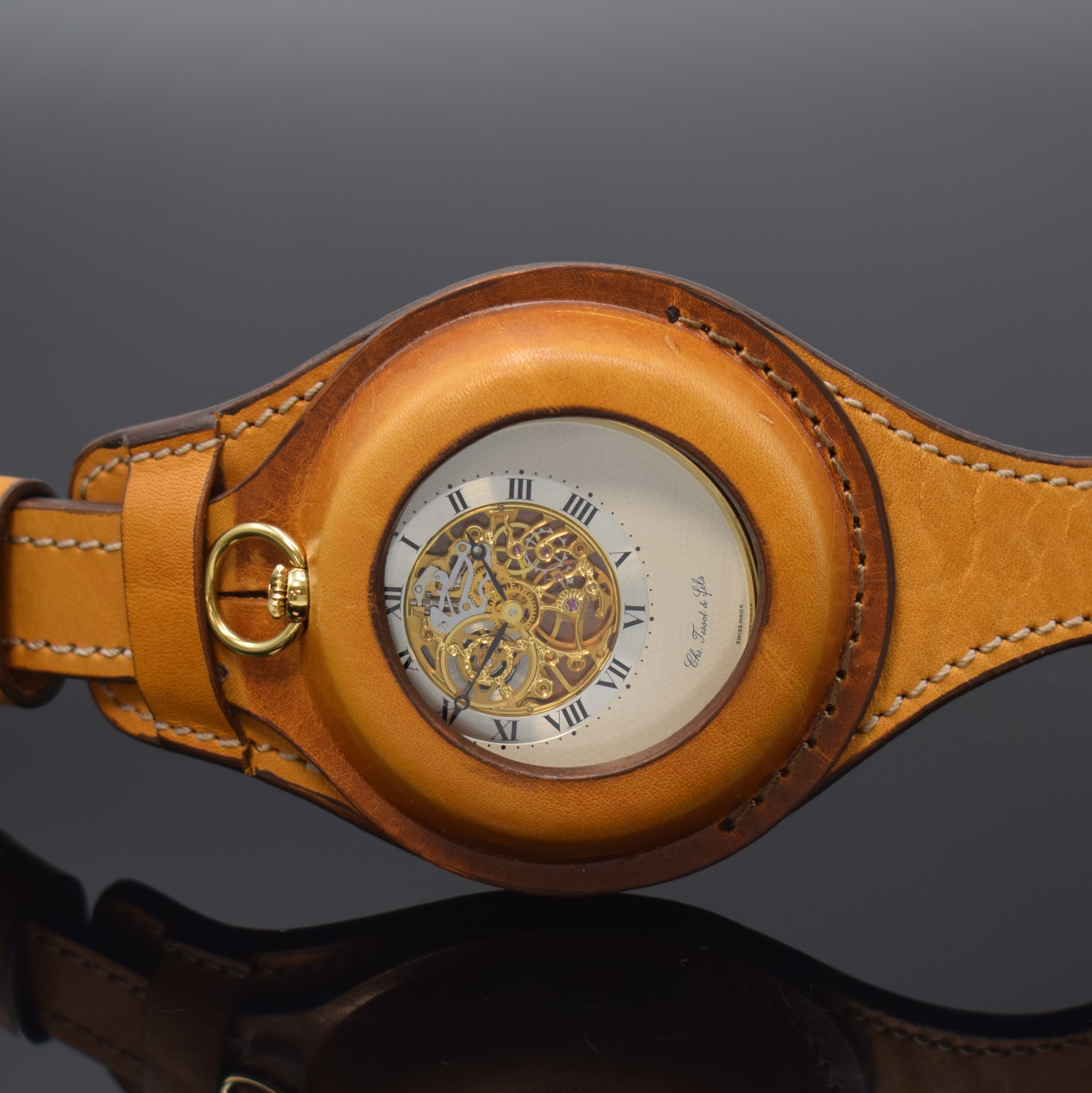 Detail c: CH.TISSOT & FILS offene Taschenuhr mit skelettiertem Sichtwerk, Schweiz nach altem Vorbild, Handaufzug, verg. Geh., Boden u. Glasrand aufgedr., ...
