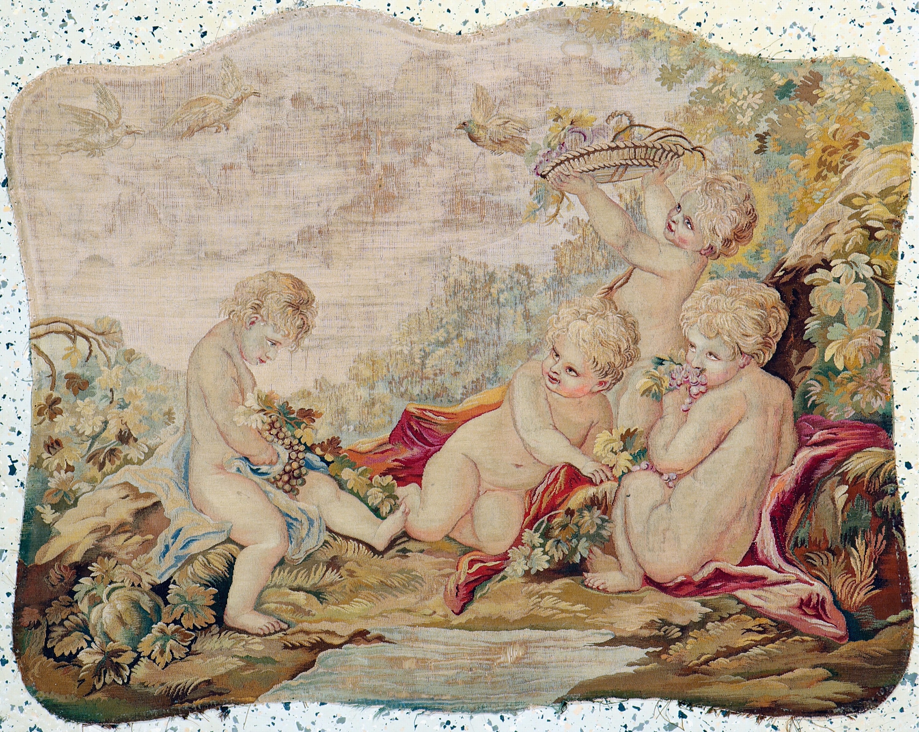 Antike Tapisserie"Putten", Frankreich, Anfang 19.Jhd, Wolle mit Seide, ca. 103 x 80 cm, EHZ: 3(kleine Risse)