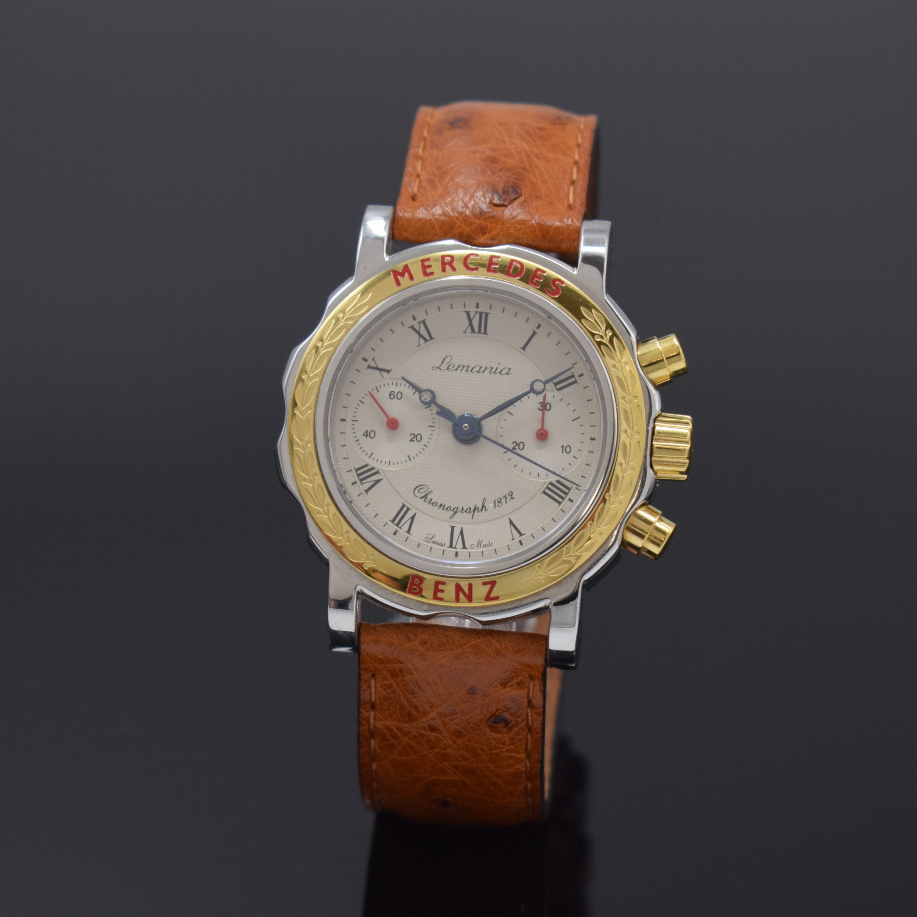 MERCEDES BENZ / LEMANIA 1872 Armbandchronograph in Stahl, Schweiz um 1990, Handaufzug, beids. vergl. Geh., Boden 4-fach verschr., orig. Lederband m. ...