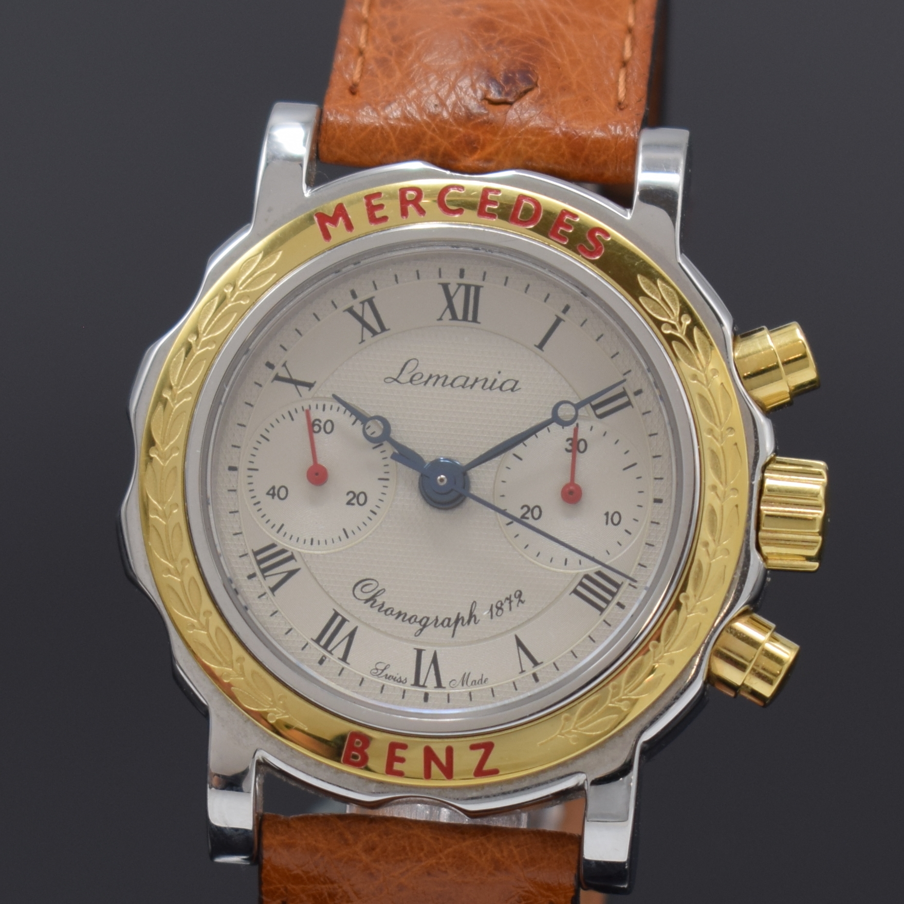 Detail a: MERCEDES BENZ / LEMANIA 1872 Armbandchronograph in Stahl, Schweiz um 1990, Handaufzug, beids. vergl. Geh., Boden 4-fach verschr., orig. Lederband m. ...