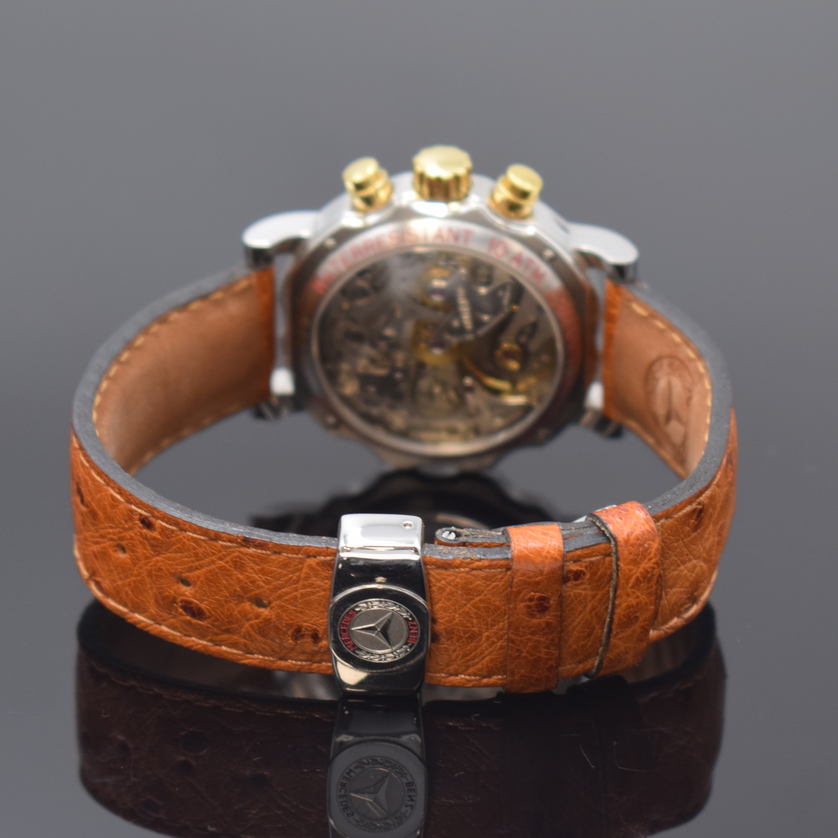 Detail b: MERCEDES BENZ / LEMANIA 1872 Armbandchronograph in Stahl, Schweiz um 1990, Handaufzug, beids. vergl. Geh., Boden 4-fach verschr., orig. Lederband m. ...