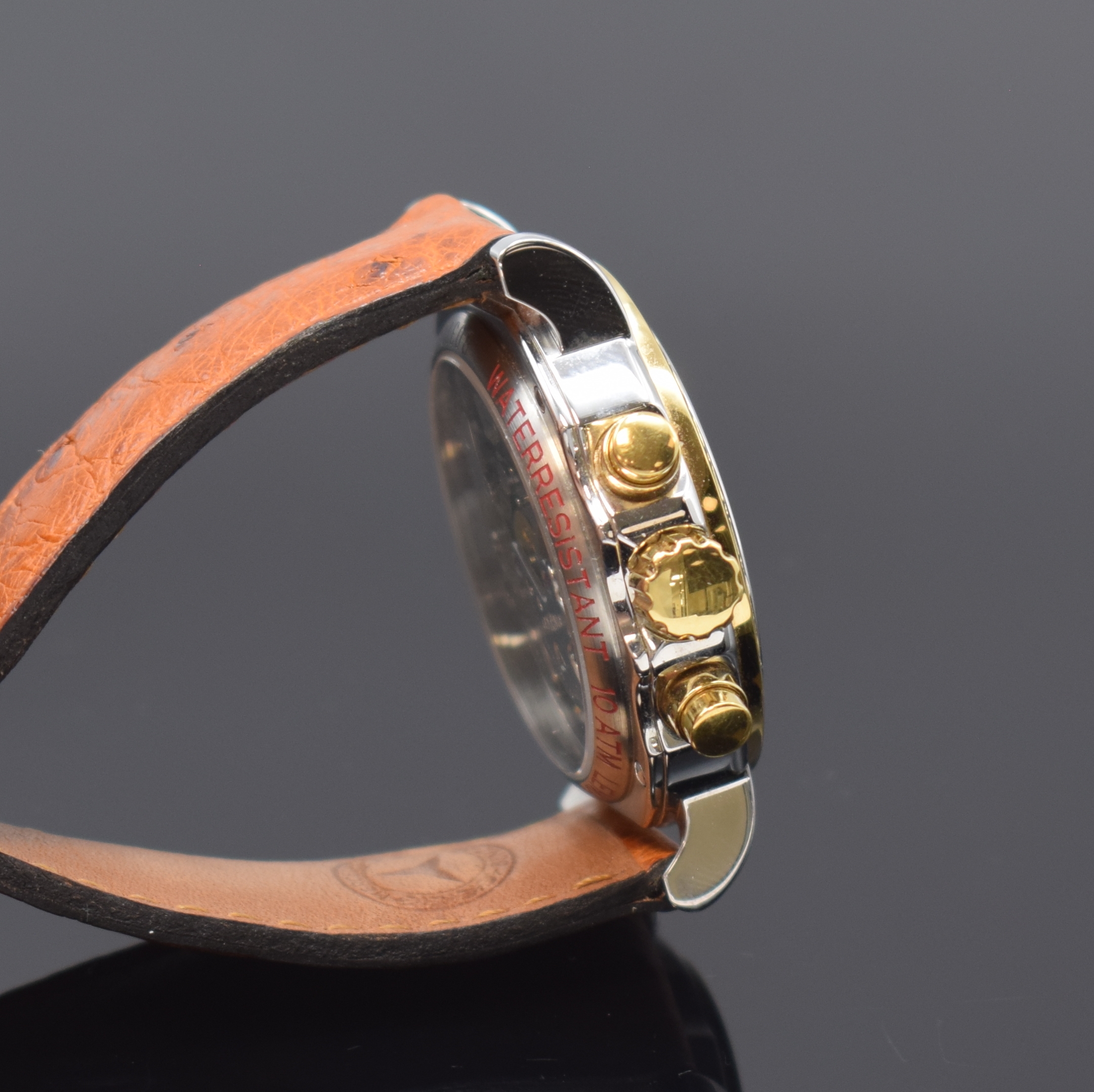 Detail c: MERCEDES BENZ / LEMANIA 1872 Armbandchronograph in Stahl, Schweiz um 1990, Handaufzug, beids. vergl. Geh., Boden 4-fach verschr., orig. Lederband m. ...
