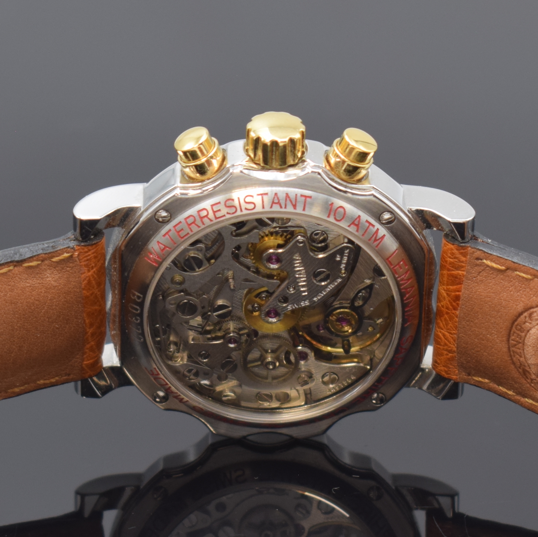 Detail d: MERCEDES BENZ / LEMANIA 1872 Armbandchronograph in Stahl, Schweiz um 1990, Handaufzug, beids. vergl. Geh., Boden 4-fach verschr., orig. Lederband m. ...