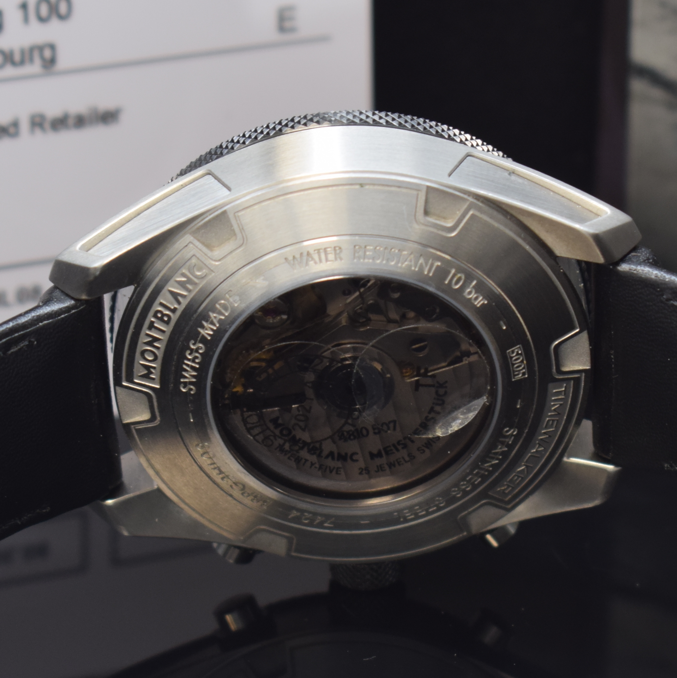 Detail e: MONTBLANC Timewalker Armbandchronograph in Stahl Referenz 116098, Schweiz verk. lt. beil. Pap. 04/2022, Automatik, beids. vergl. Geh., Boden ...