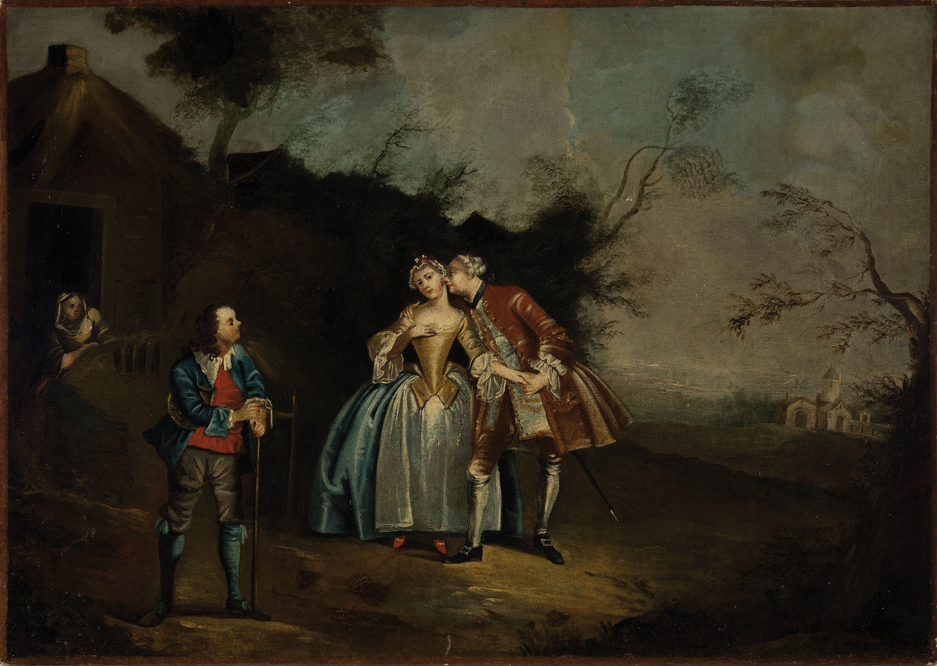 Detail k: Unbekannter Künstler des 18.Jh., im Stile Nicolas Lancret (1690-1745), poussierendes Pärchen und Wanderer vor Landschaftsausblick, Öl/Lwd, ...