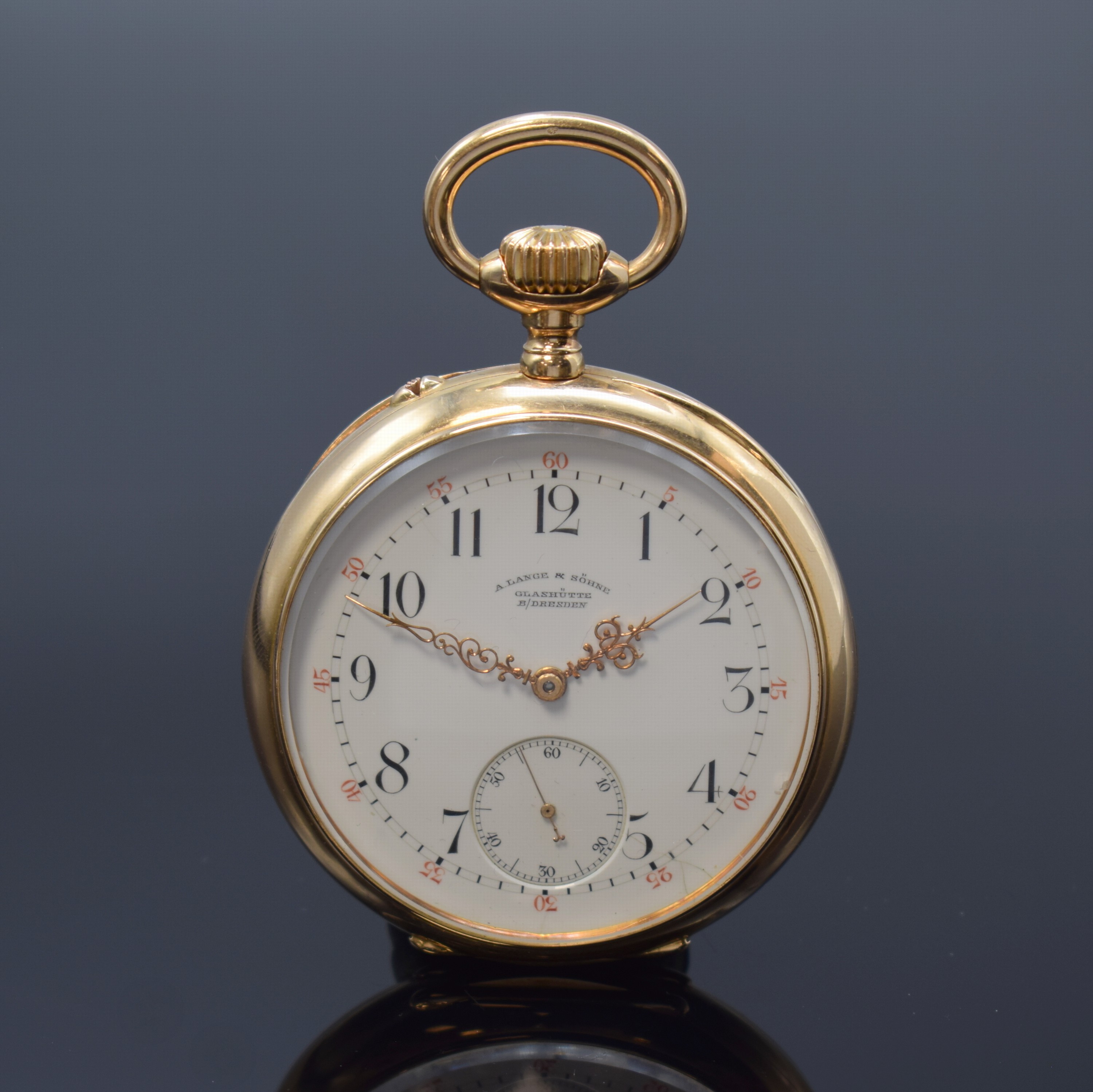 A. LANGE & SÖHNE offene 1A-Herrentaschenuhr in RG 750/000, Deutschland um 1895, glattes Lucia-Geh., rücks. Monogramm "MT", Cuvette grav. ...