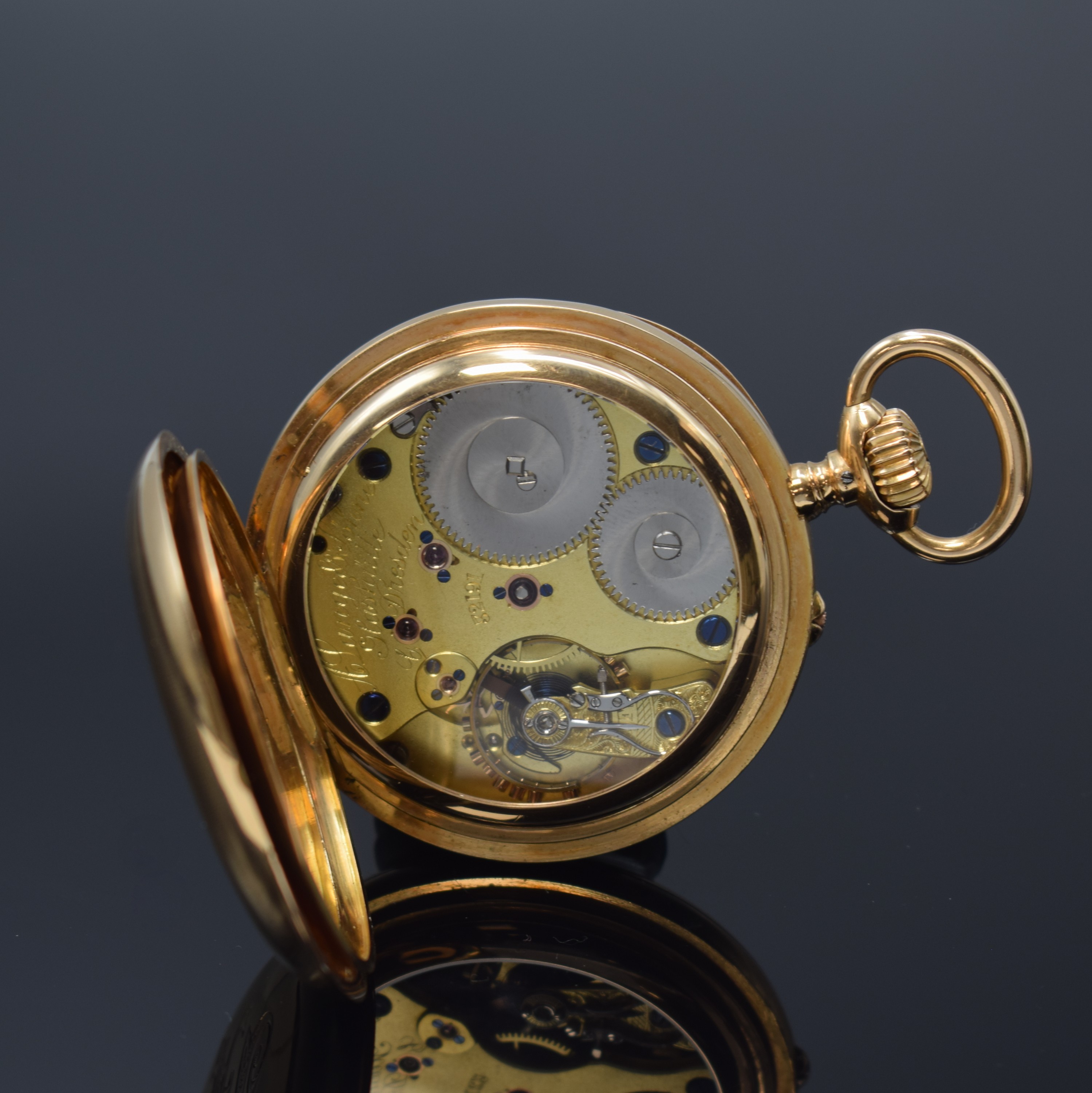 Detail e: A. LANGE & SÖHNE offene 1A-Herrentaschenuhr in RG 750/000, Deutschland um 1895, glattes Lucia-Geh., rücks. Monogramm "MT", Cuvette grav. ...