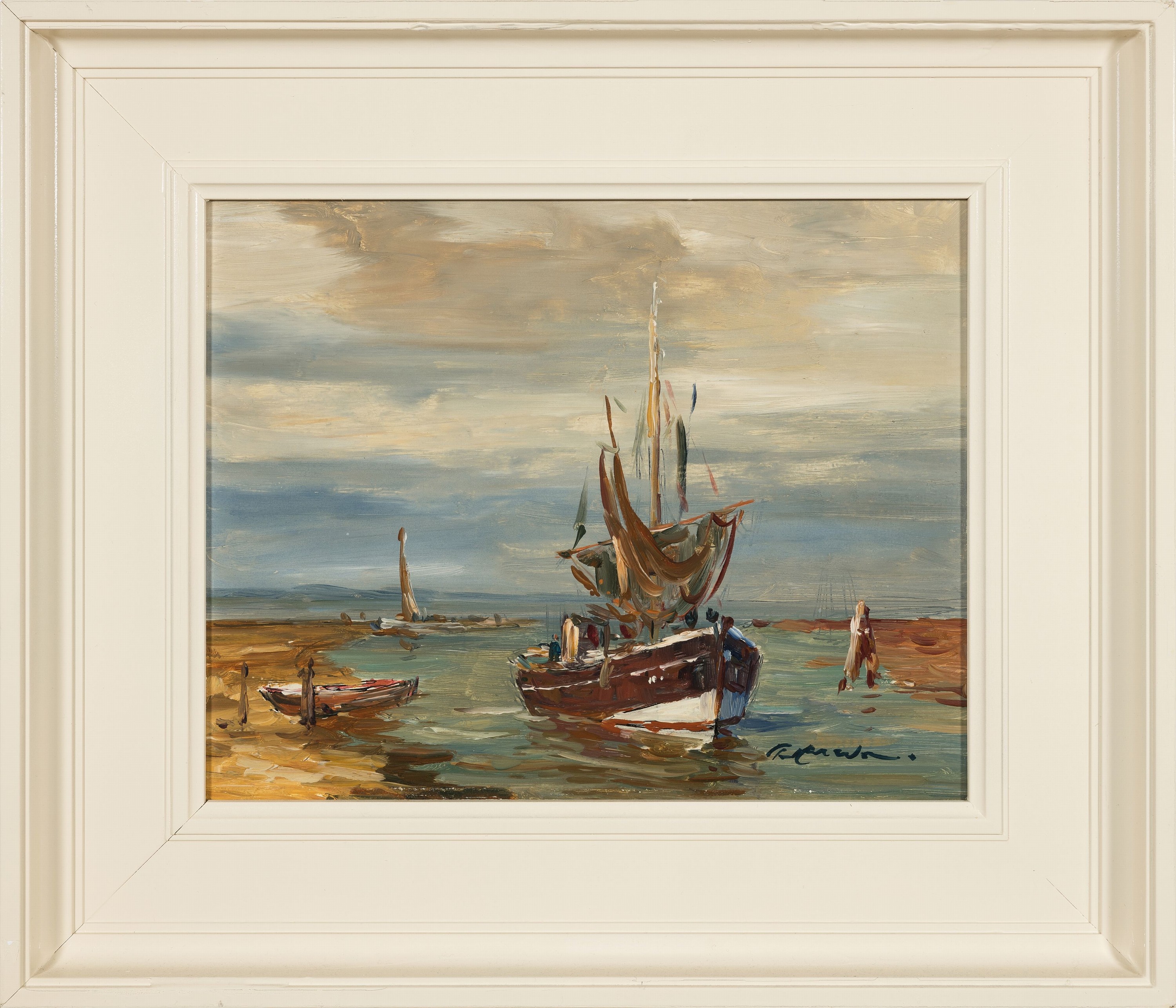 Detail k: Paul Ernst Wilke, 1894 Bremerhafen-1972 Lilienthal, ins Hafenbecken einfahrender Fischkutter, rechts unten signiert, verso datiert 1971, Öl/Masonit, ...