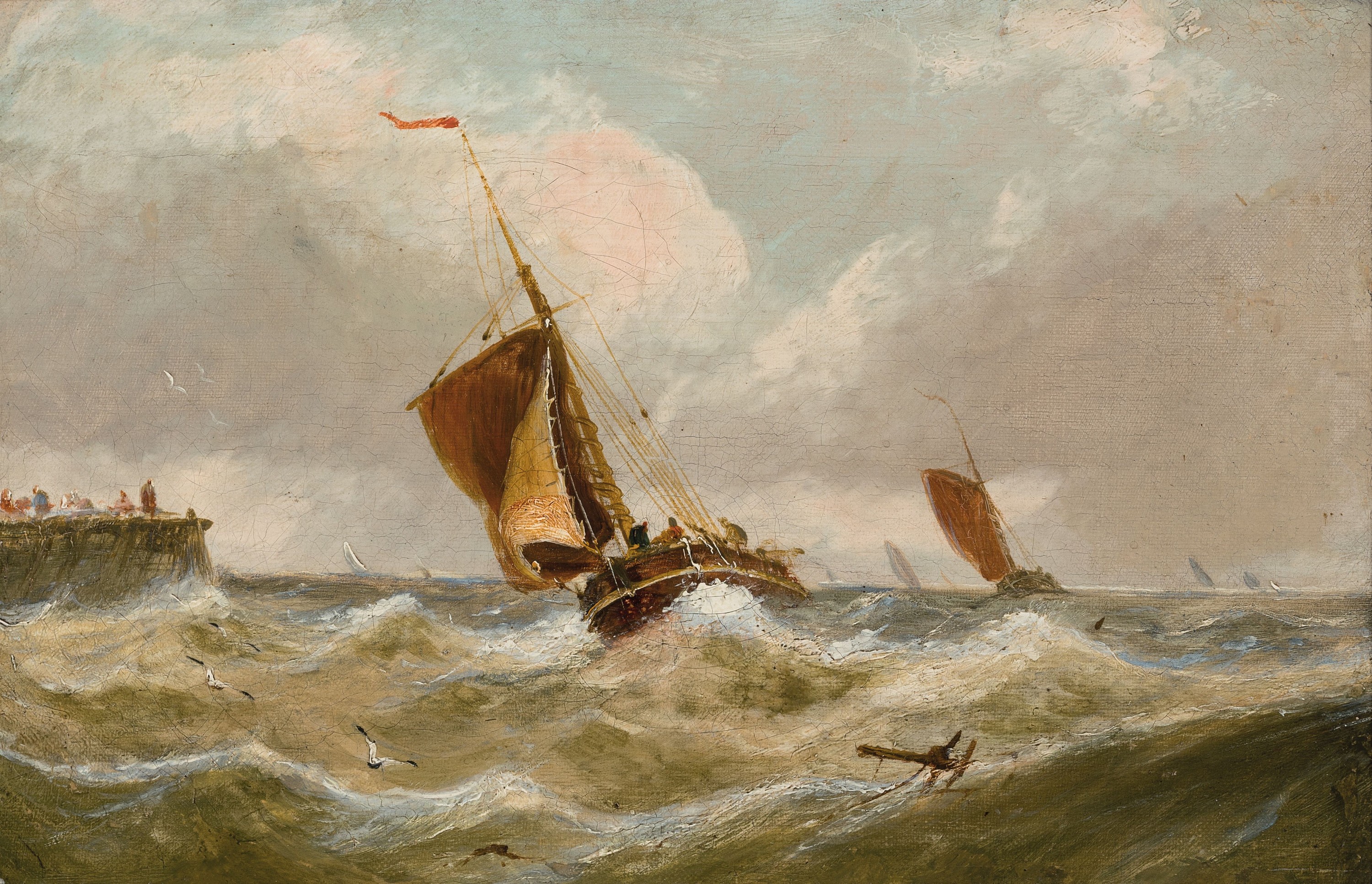 Zuschreibung: John Callow, 1822-1878 London, Seestück, Segelboot in stürmischer See vor Hafenmole, unsigniert, Öl/Lwd, 21x30 cm, Rahmen 30x40 cm