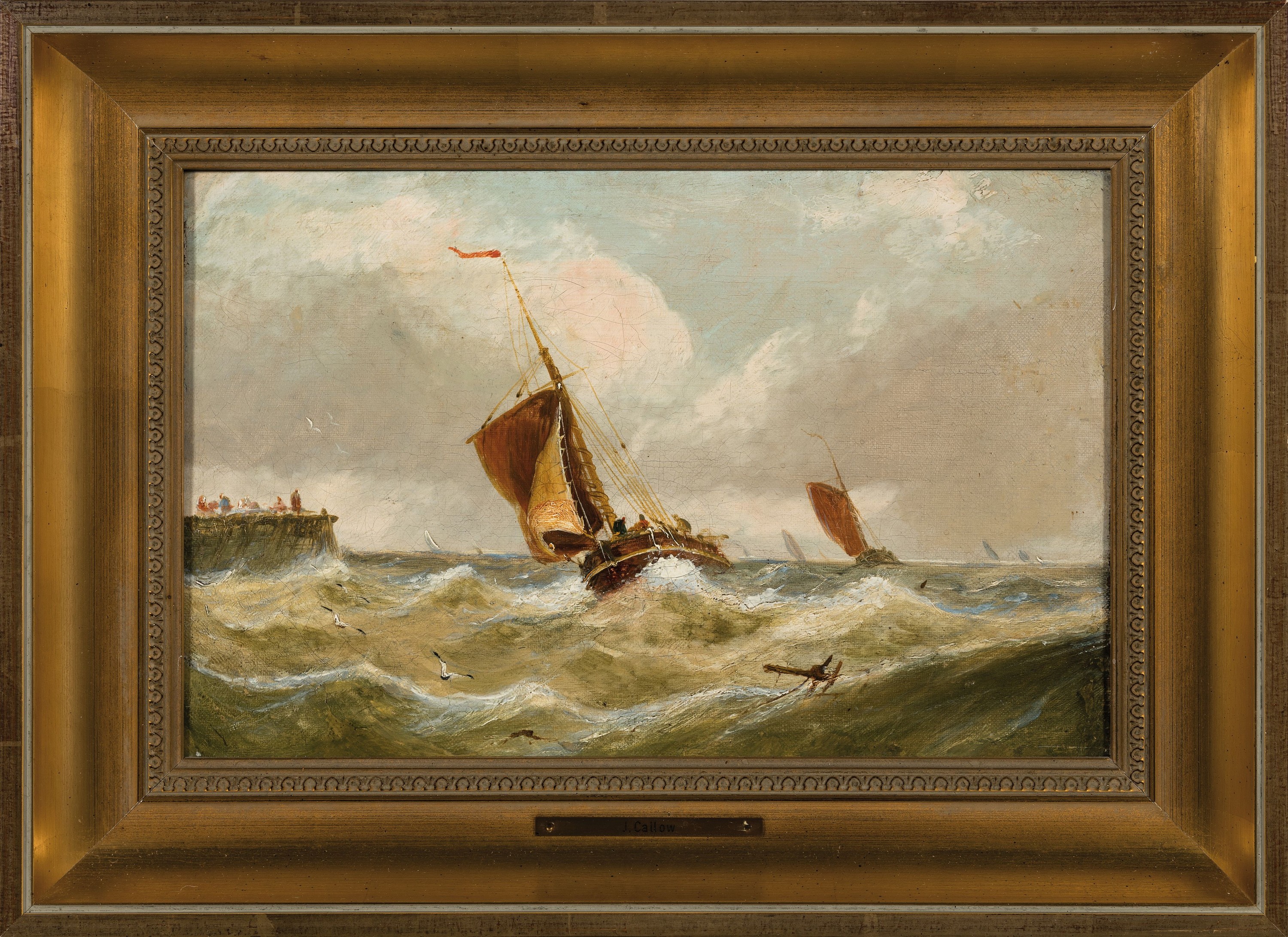 Detail k: Zuschreibung: John Callow, 1822-1878 London, Seestück, Segelboot in stürmischer See vor Hafenmole, unsigniert, Öl/Lwd, 21x30 cm, Rahmen 30x40 cm