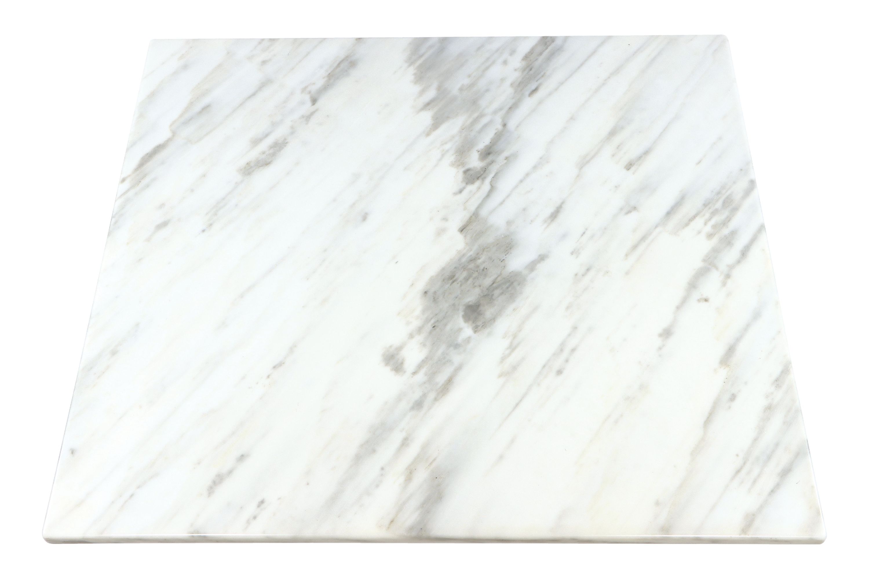Detail b: Esstisch, wohl Italien, Tischfuß Holz, weiß gelackt, aufgelegte Platte aus Carrara-Marmor mit typisch lebendiger Marmorierung, Plattenstärke 33 ...