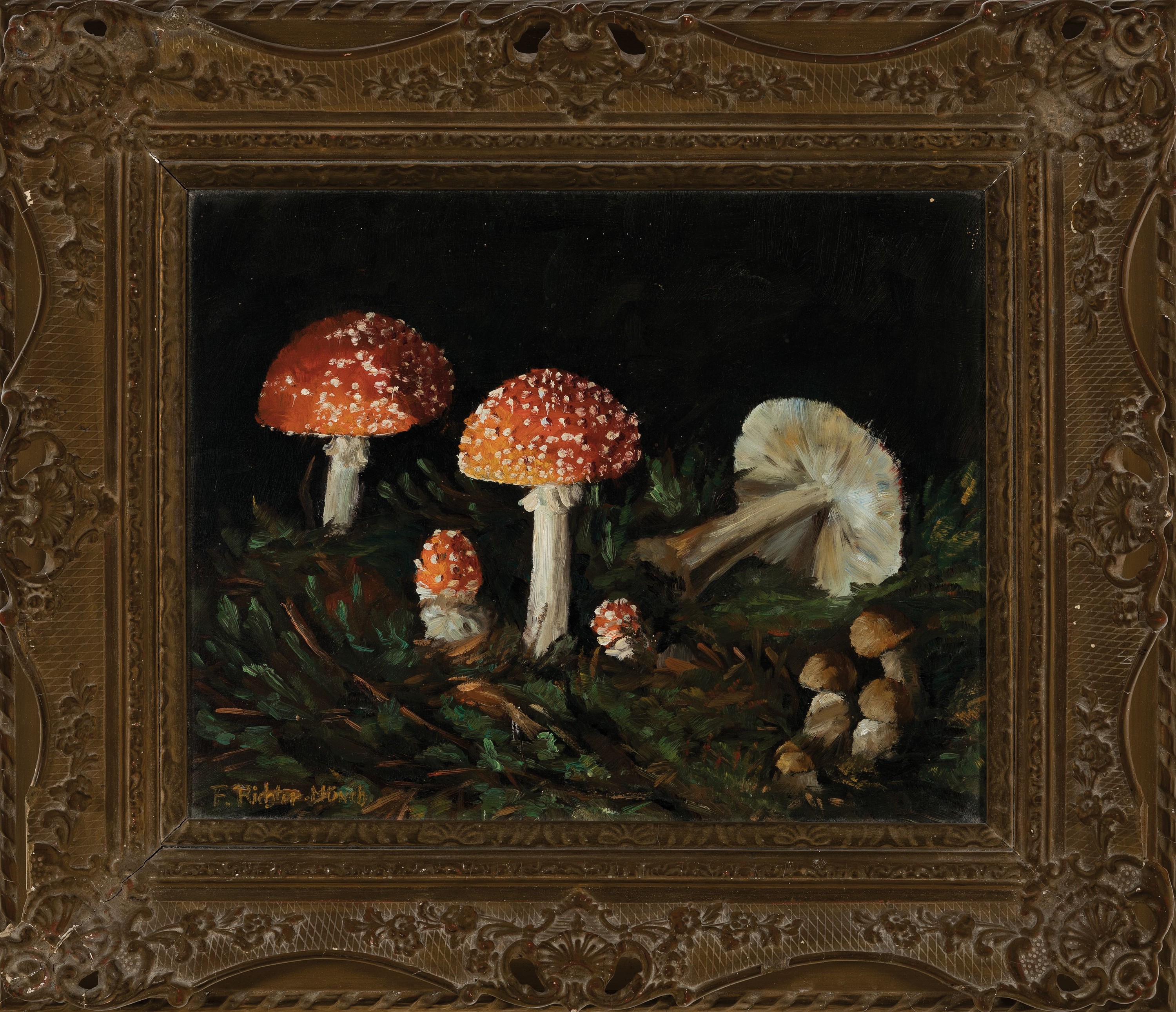 Detail k: Fritz Richter-Münch, süddeutscher Maler des ausgehenden 19./frühen 20.Jh., Pilz -Stillleben, Waldinterieur Fliegenpilzen, links unten signiert, ...