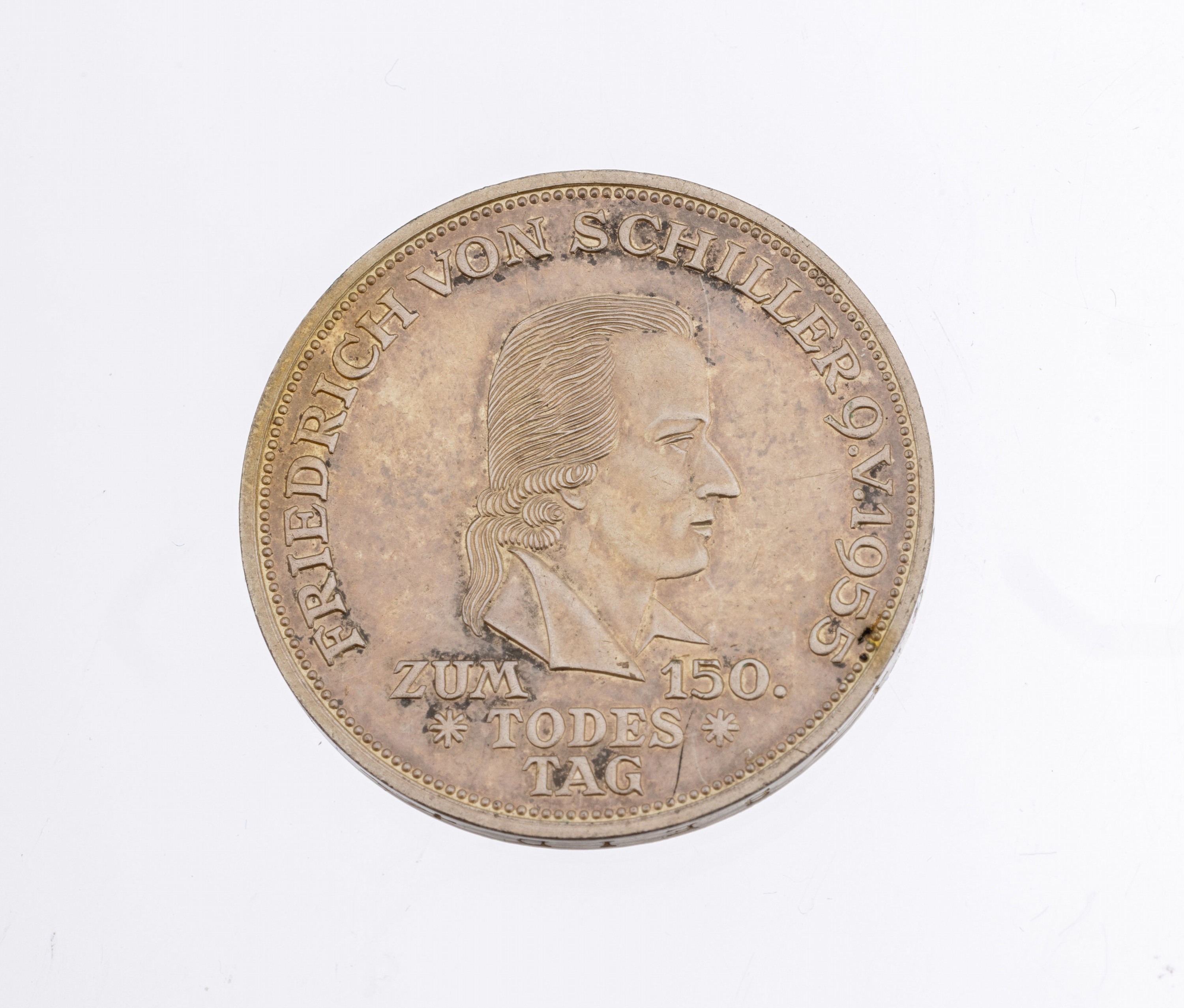 5 Mark Silbermünze, Deutschland 1955, zum 150. Todestag Friedrich Schiller, Prägemarke F
