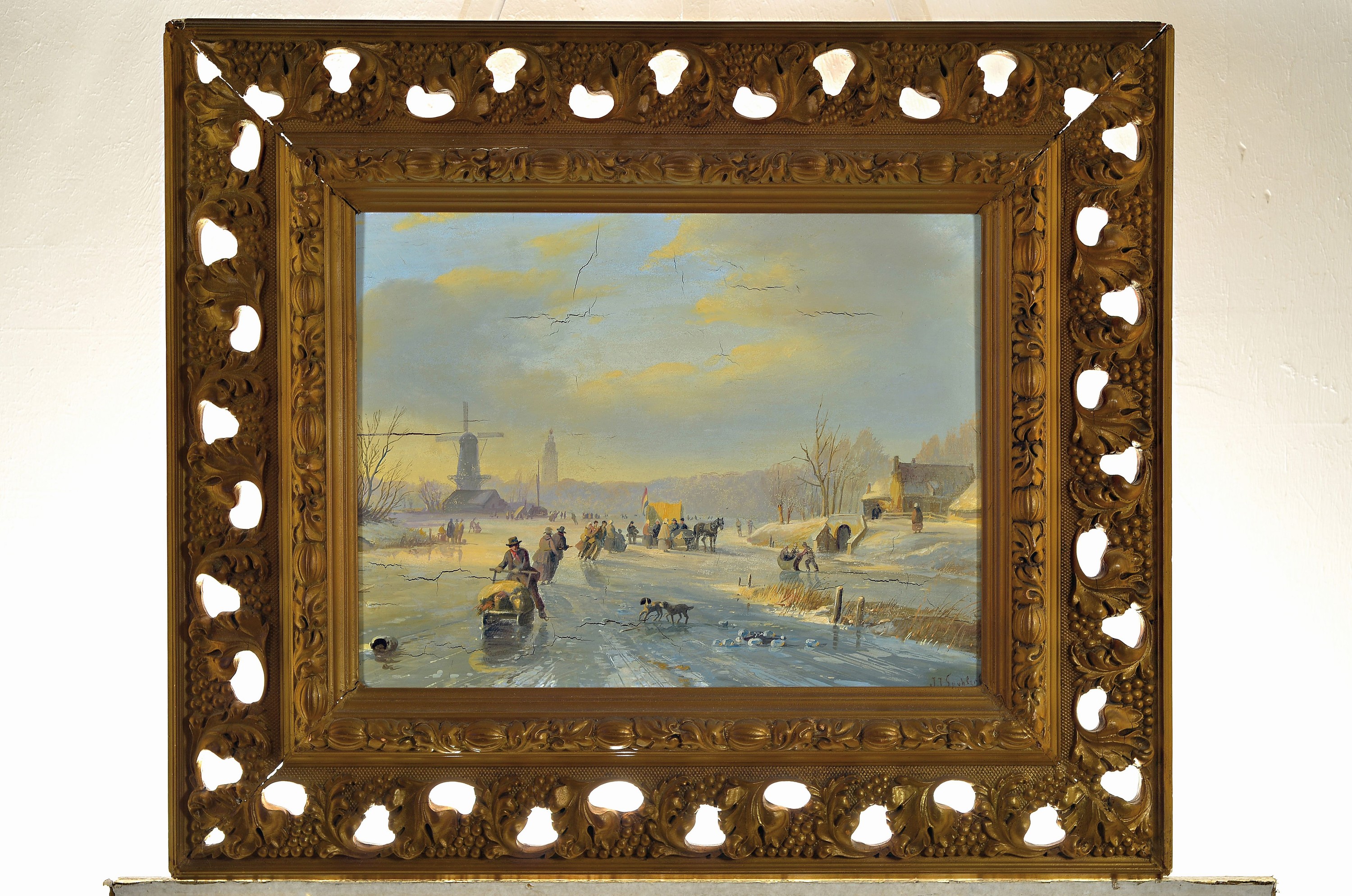Detail k: Jako Jan Coenraad Spohler, 1837 Amsterdam - 1923, Winterlandschaft/Eisvergnügen, Öl/Eichenplatte, Farbe rissig bzw. teilweise leicht gelöst bzw. ...