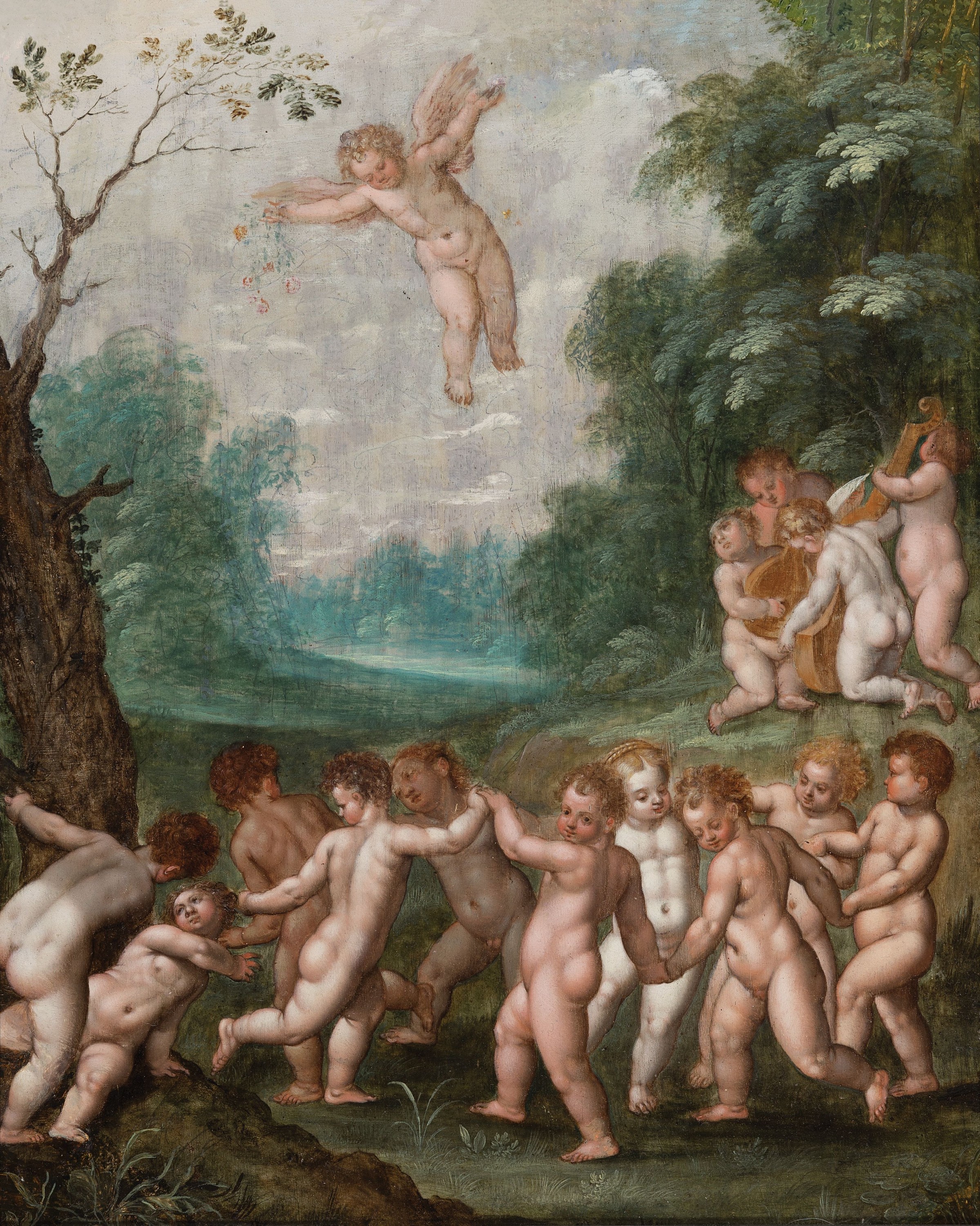Zuschreibung: Jan van Balen, 1611-1654 Antwerpen, Puttoreigen in einer bewaldeten Landschaft, Öl/Kupfer, rest., mit minimalen Retuschen, ca. ...