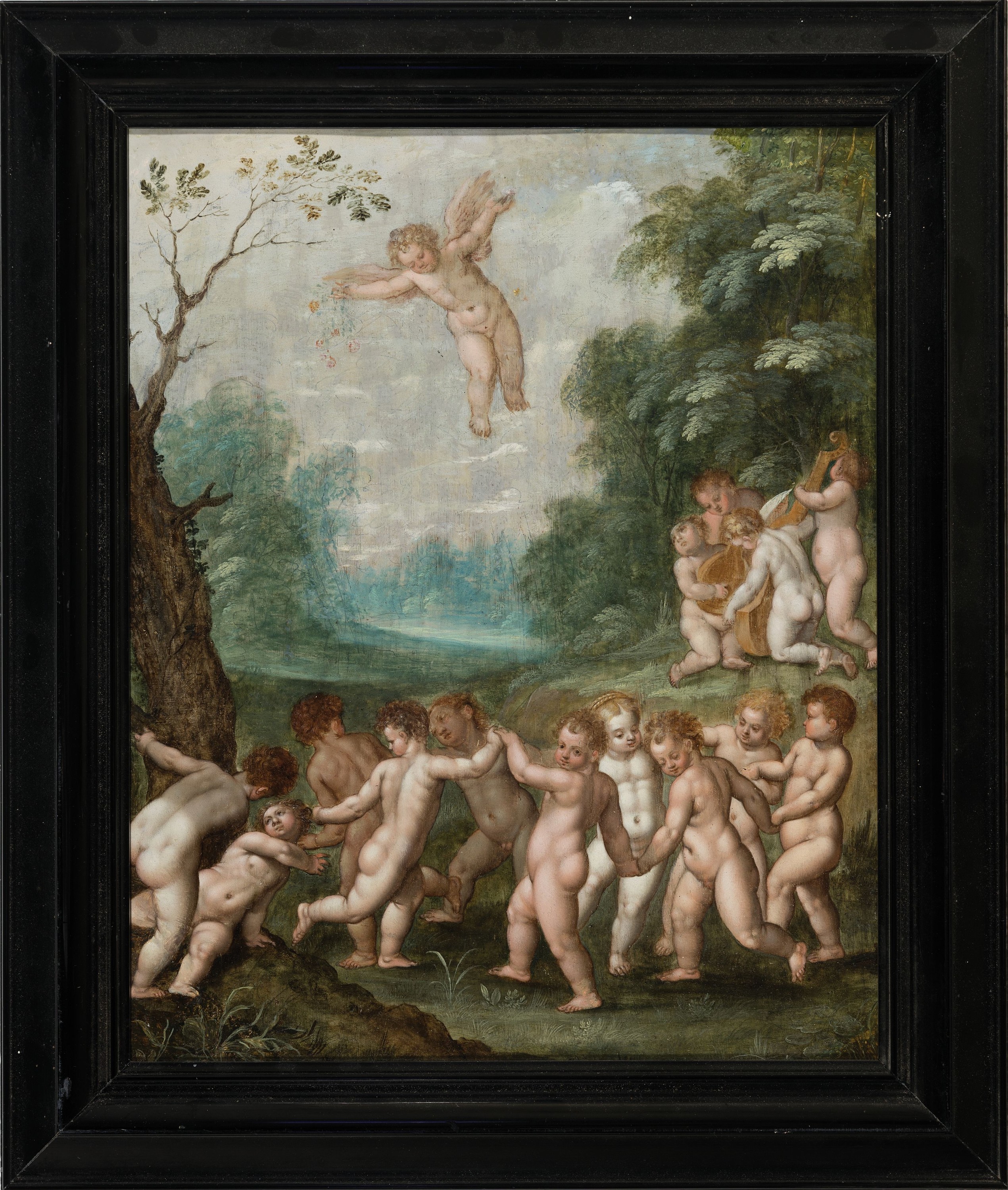 Detail k: Zuschreibung: Jan van Balen, 1611-1654 Antwerpen, Puttoreigen in einer bewaldeten Landschaft, Öl/Kupfer, rest., mit minimalen Retuschen, ca. ...