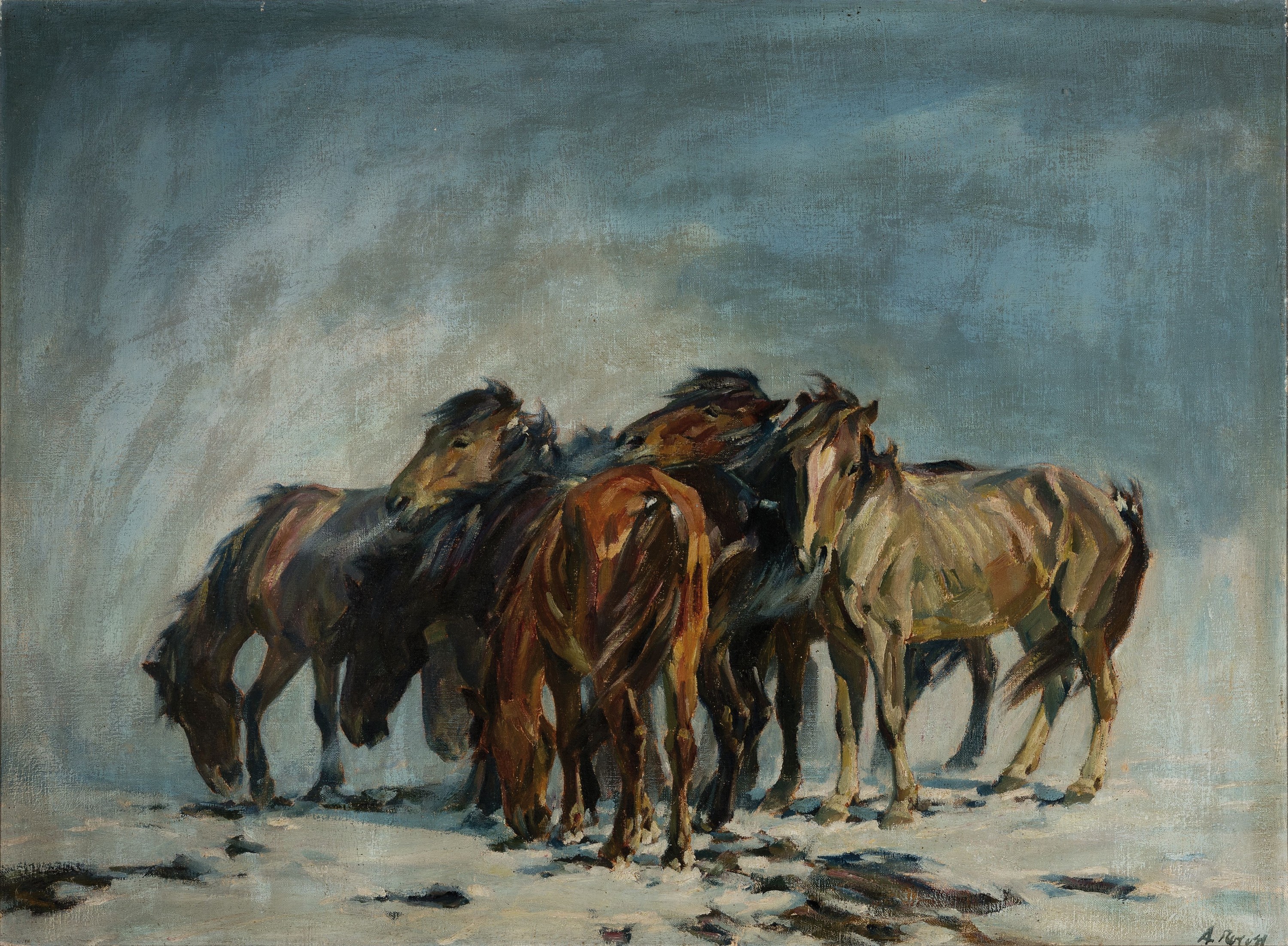 Alfred Roloff, 1879 - 1951,, Studium Berliner Kunstakademie, Wildpferde im Winter, Öl/Lwd, signiert, grossformatige Darstellung, ca. 70 x 95 cm, ...
