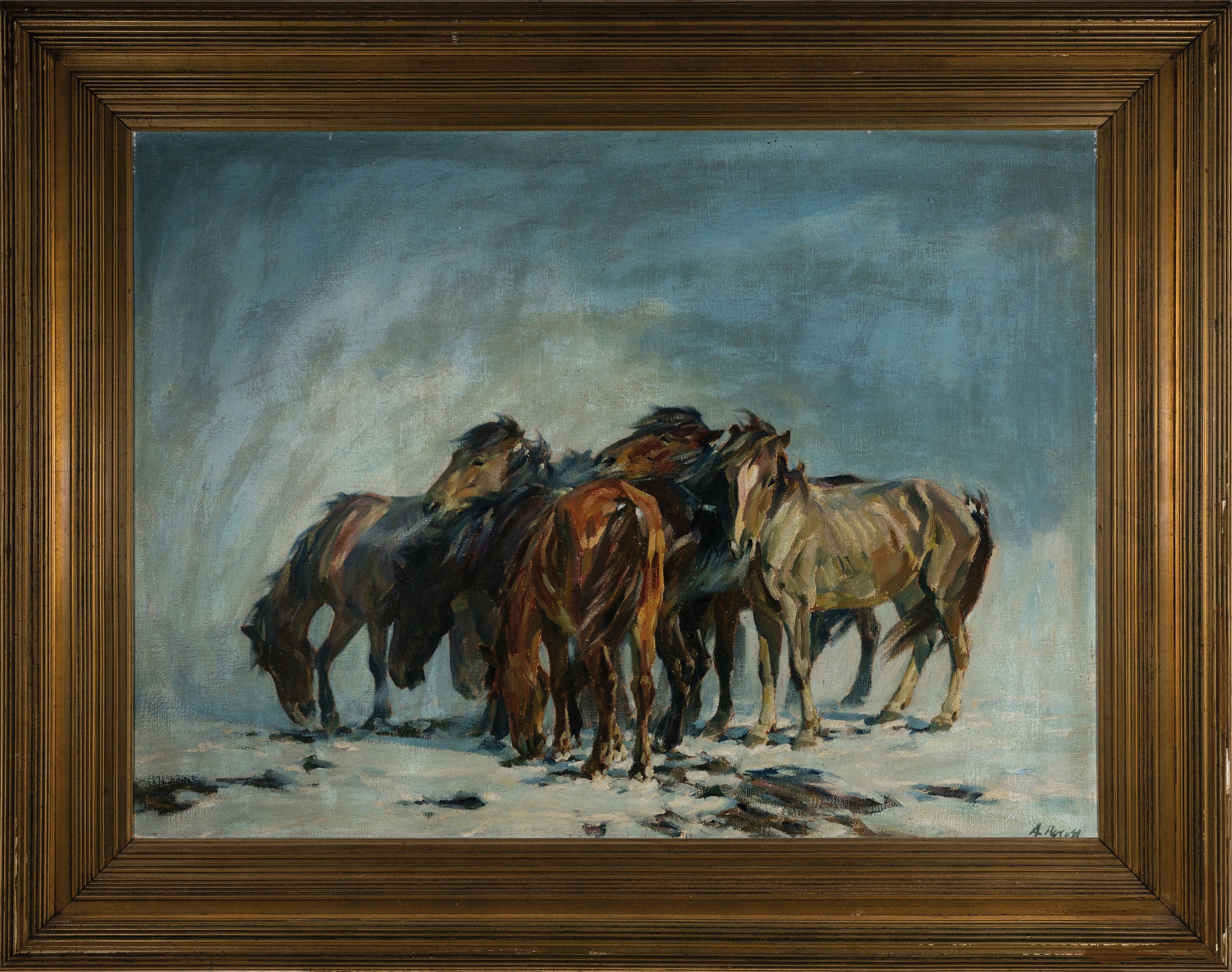 Detail k: Alfred Roloff, 1879 - 1951,, Studium Berliner Kunstakademie, Wildpferde im Winter, Öl/Lwd, signiert, grossformatige Darstellung, ca. 70 x 95 cm, ...