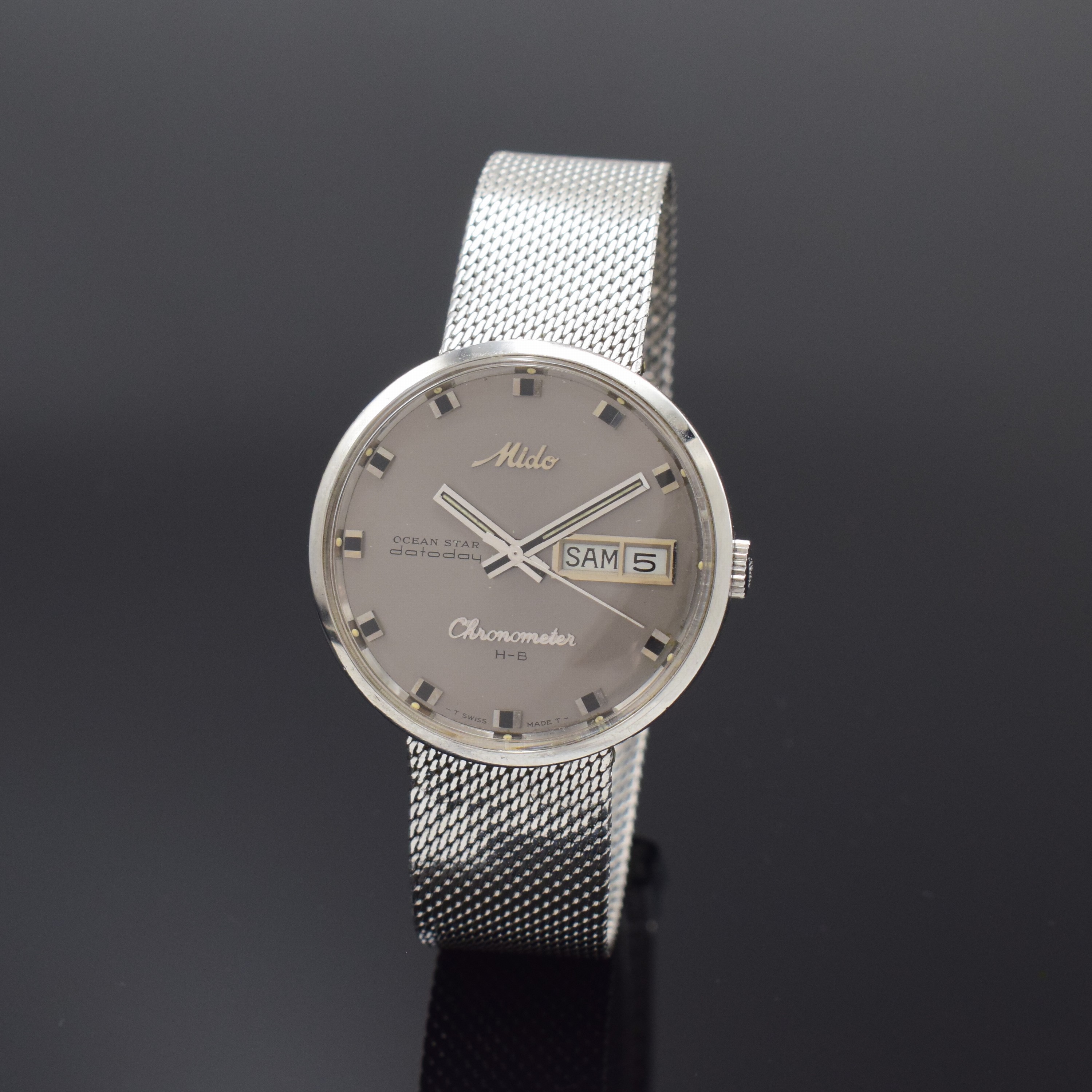 MIDO Herrenarmbanduhr Ocean Star Datoday Chronometer Referenz 9369, Schweiz um 1970, Automatik, Edelstahl-Einschalengeh. inkl. orig. Stahlband, get. ...