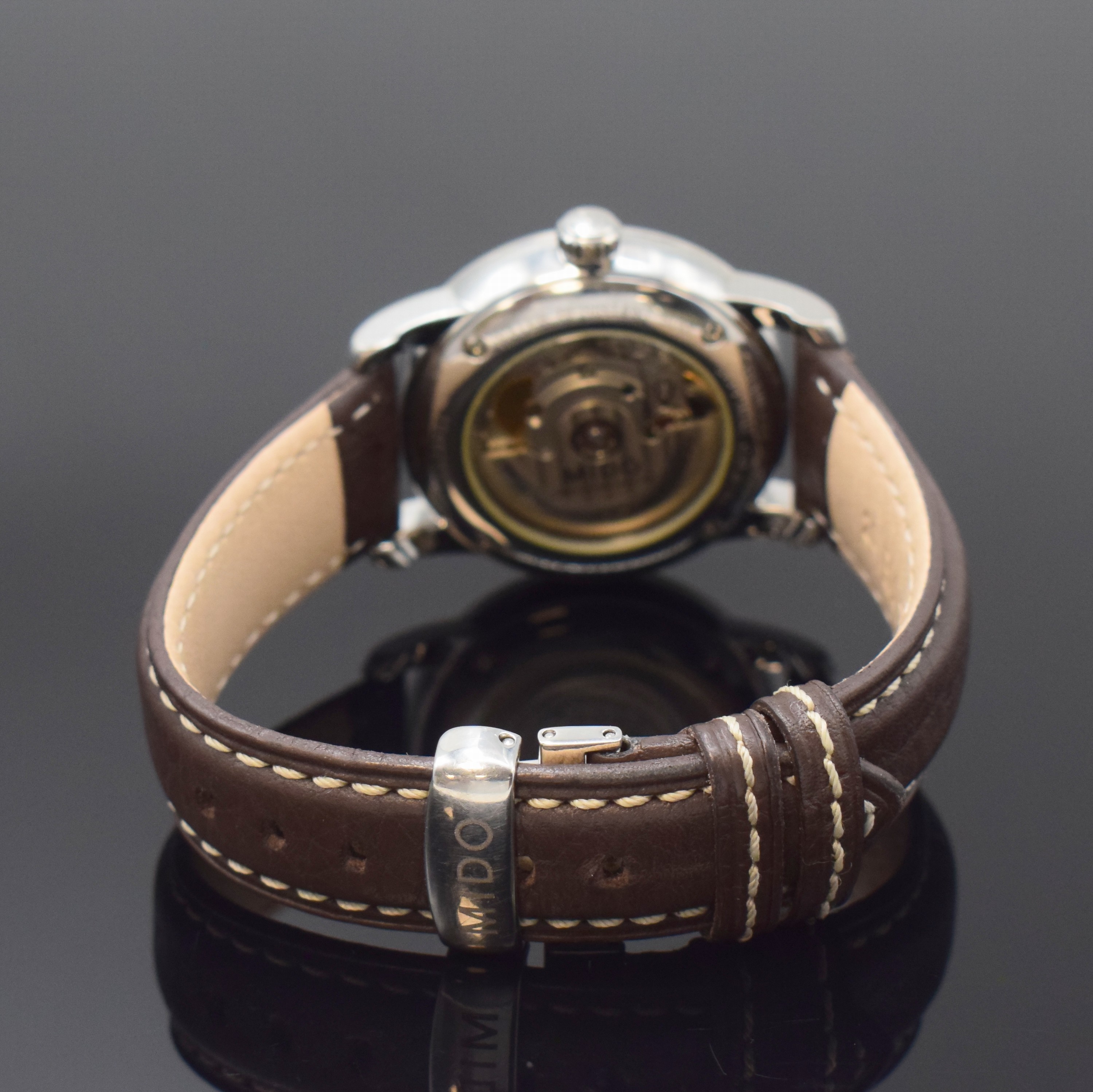 Detail b: MIDO Herrenarmbanduhr Serie Baroncelli Referenz 8600, Schweiz um 2000, Automatik, Edelstahlgeh. inkl. neutr. Lederband m. orig. dopp. Faltschl., ...