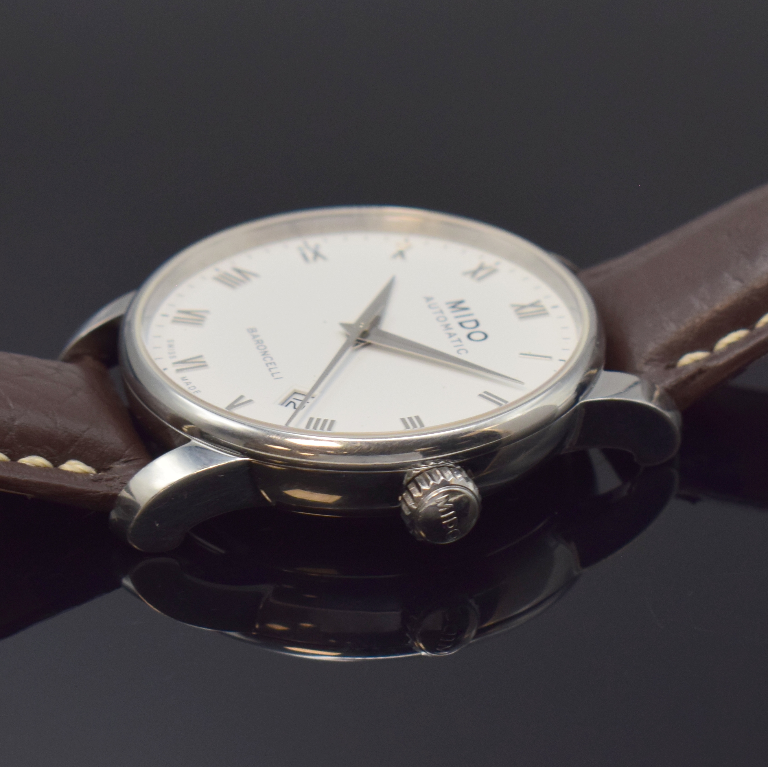 Detail c: MIDO Herrenarmbanduhr Serie Baroncelli Referenz 8600, Schweiz um 2000, Automatik, Edelstahlgeh. inkl. neutr. Lederband m. orig. dopp. Faltschl., ...