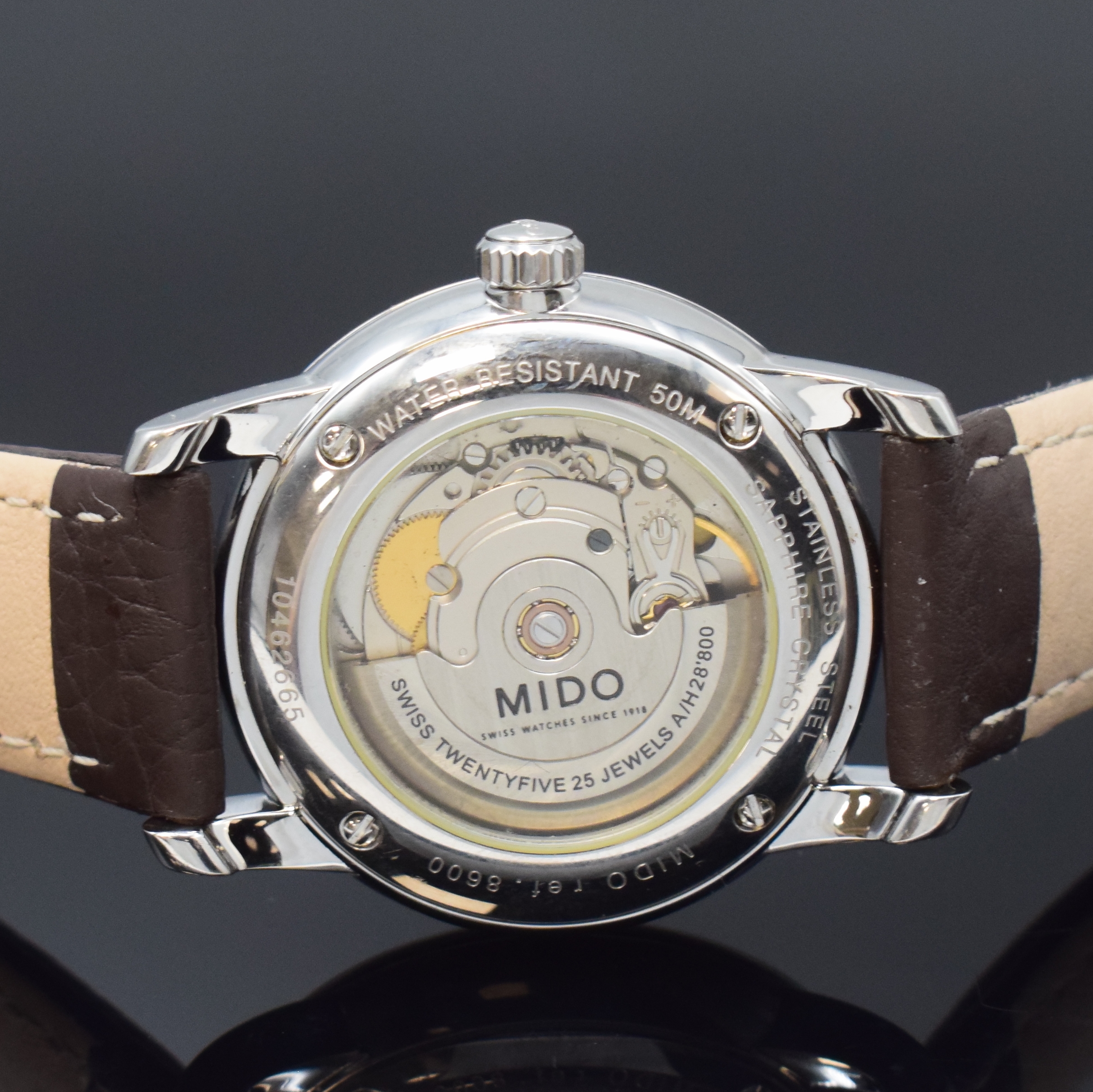Detail d: MIDO Herrenarmbanduhr Serie Baroncelli Referenz 8600, Schweiz um 2000, Automatik, Edelstahlgeh. inkl. neutr. Lederband m. orig. dopp. Faltschl., ...