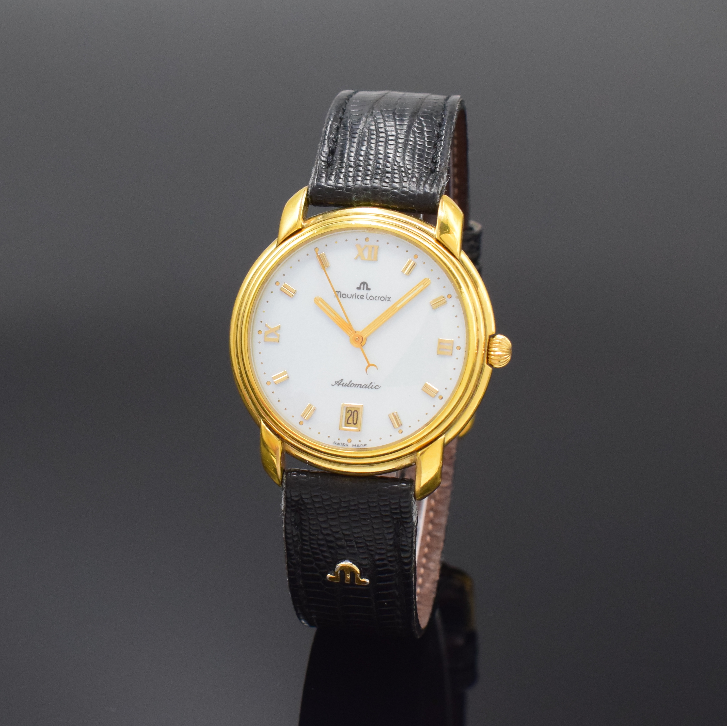 MAURICE LACROIX Les Classique Herrenarmbanduhr Referenz 23293, Schweiz um 2000, Automatik, verg. Geh., Stahlboden aufgedr., orig. Lederband m. ...
