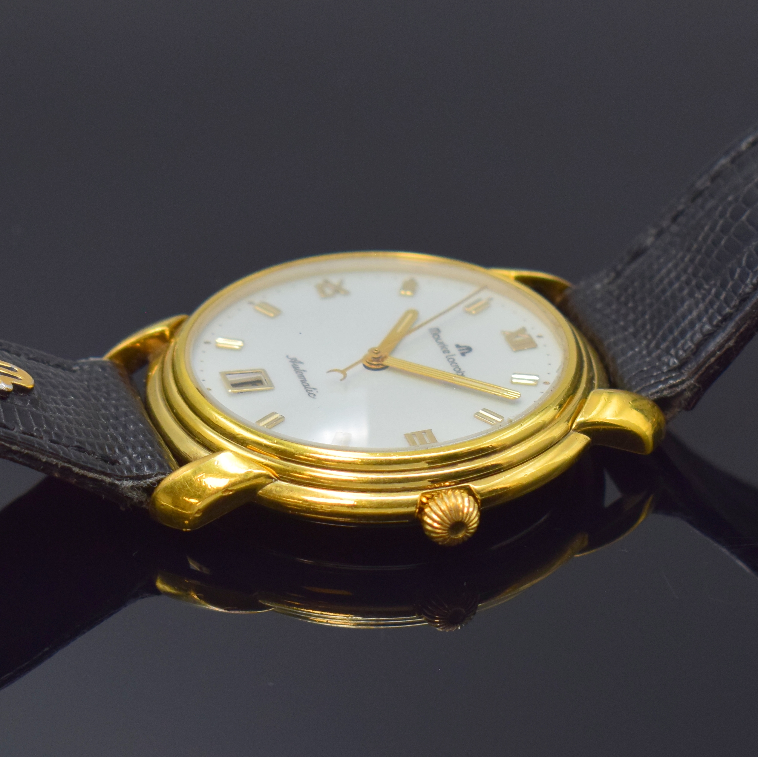Detail c: MAURICE LACROIX Les Classique Herrenarmbanduhr Referenz 23293, Schweiz um 2000, Automatik, verg. Geh., Stahlboden aufgedr., orig. Lederband m. ...