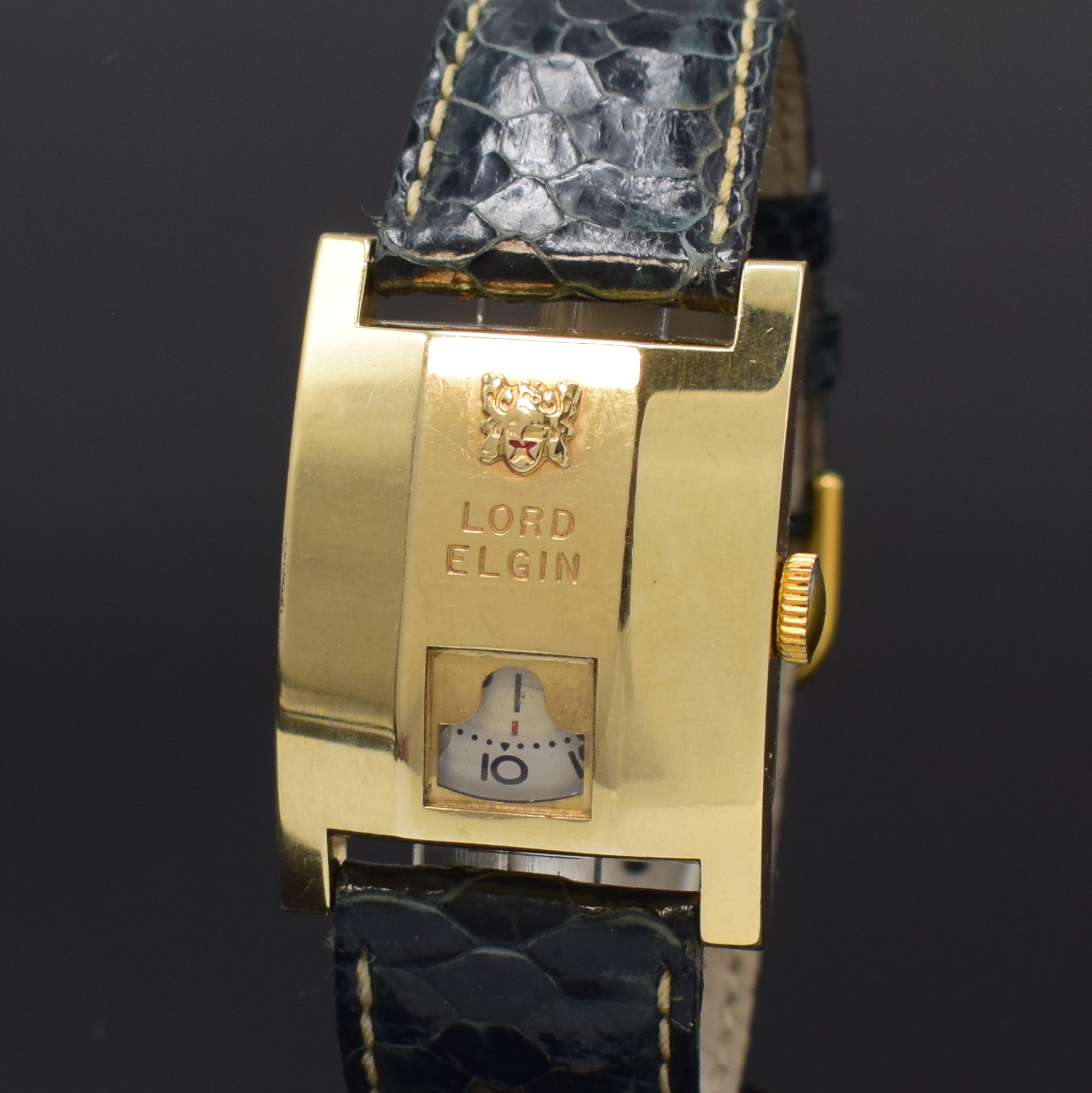 Detail a: LORD ELGIN "Elvis" Direct Reading rechteckige Armbanduhr Referenz 7776 in 14k Gold Filled, USA um 1960, Handaufzug, 2-tlg. Geh., Boden ...