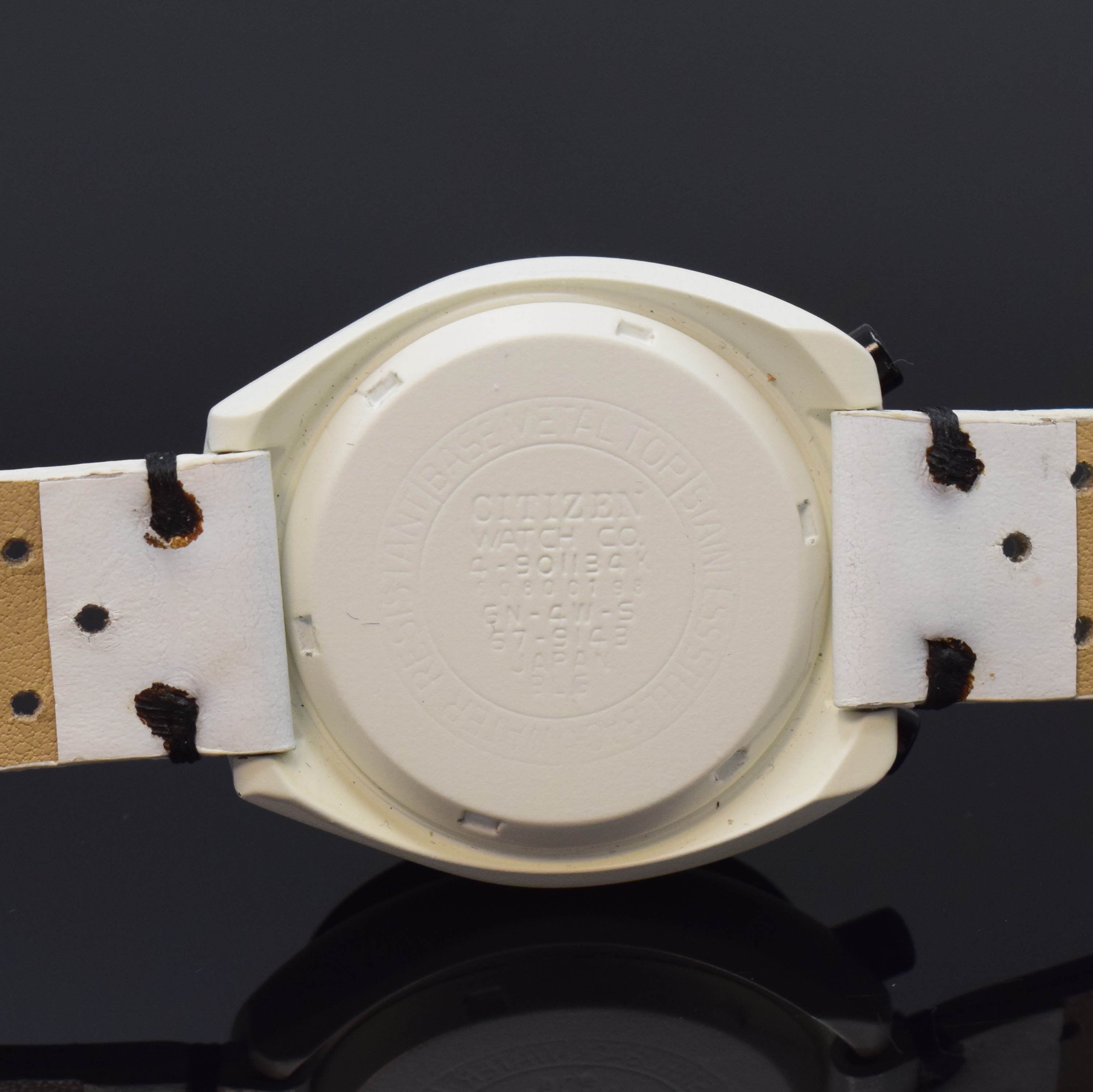 Detail c: CITIZEN Flyback-Armbandchronograph sogenannte Bullhead Referenz 4-901134 K, Japan um 1970,Automatik, Stahlgeh. auf Kundenwunsch weiss lackiert, Boden ...