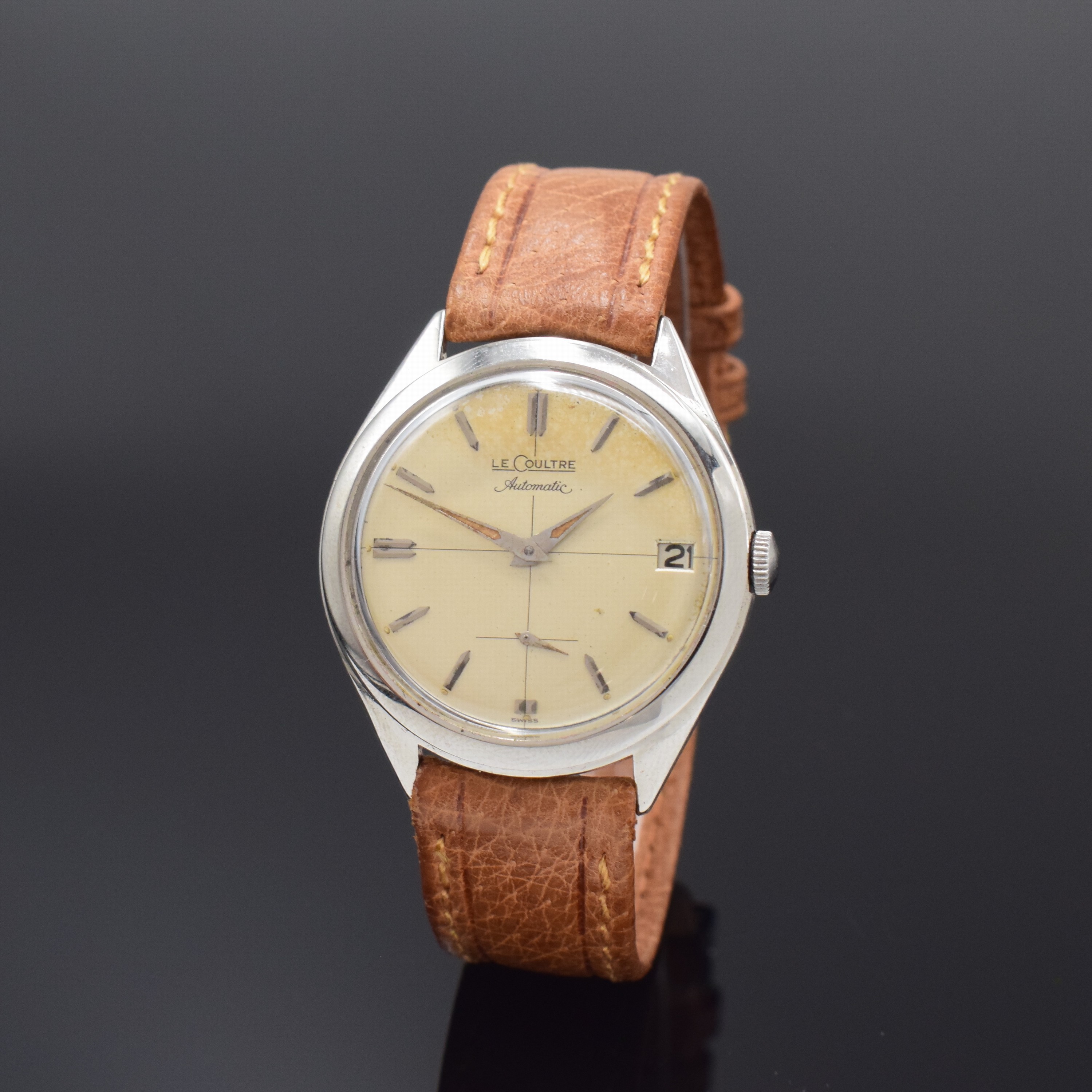 LeCOULTRE Herrenarmbanduhr mit Hammerautomatik in Stahl, Schweiz 1950er Jahre, sign. Geh., Boden verschr., silb. Zifferbl. pat./fl., silb. Std.-Ind., ...