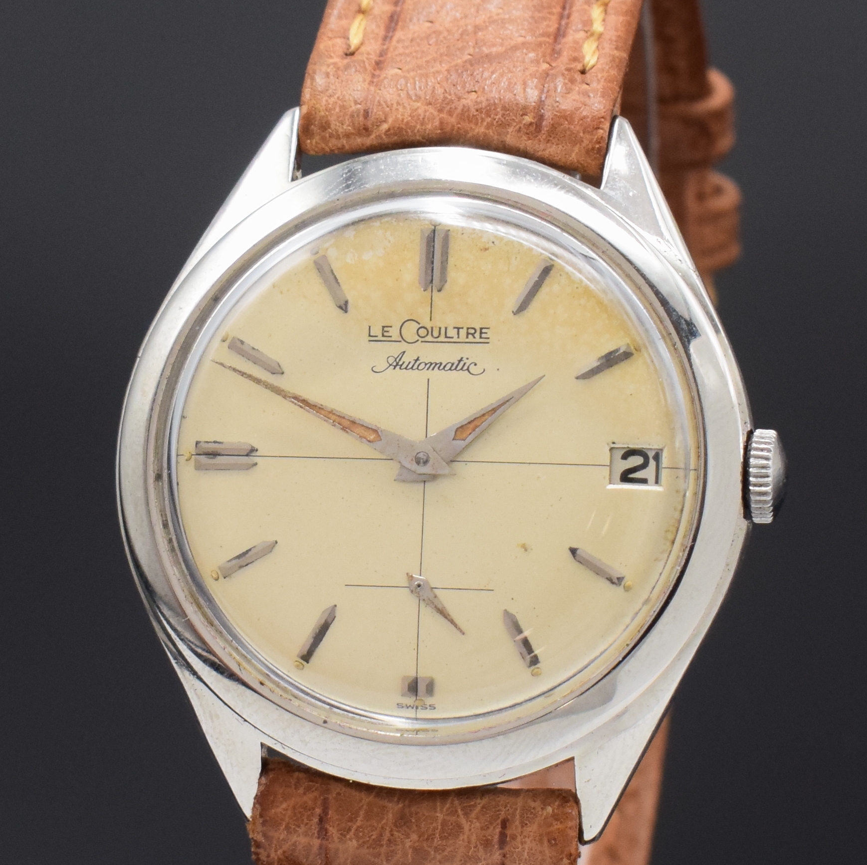 Detail a: LeCOULTRE Herrenarmbanduhr mit Hammerautomatik in Stahl, Schweiz 1950er Jahre, sign. Geh., Boden verschr., silb. Zifferbl. pat./fl., silb. Std.-Ind., ...