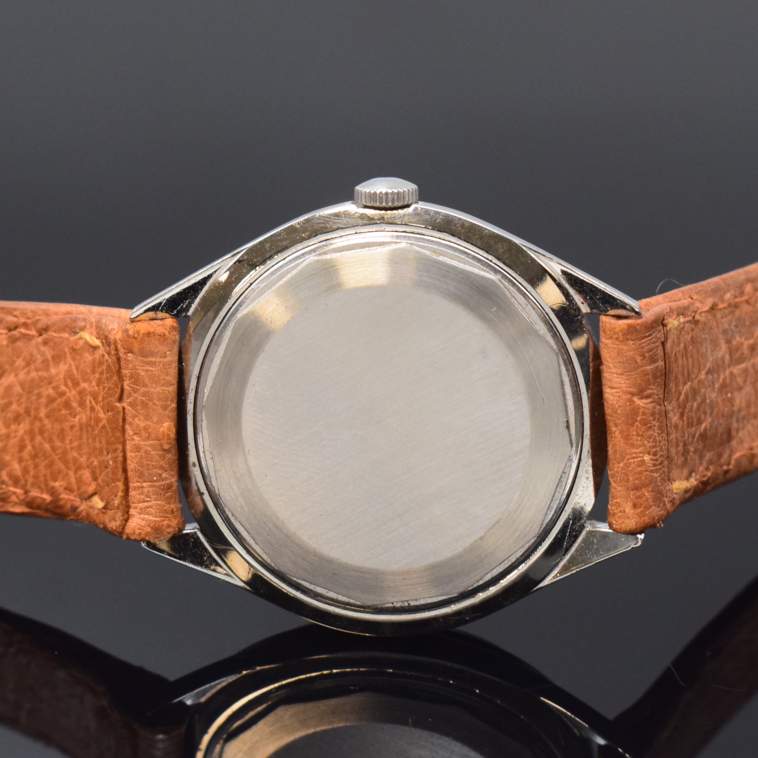 Detail c: LeCOULTRE Herrenarmbanduhr mit Hammerautomatik in Stahl, Schweiz 1950er Jahre, sign. Geh., Boden verschr., silb. Zifferbl. pat./fl., silb. Std.-Ind., ...