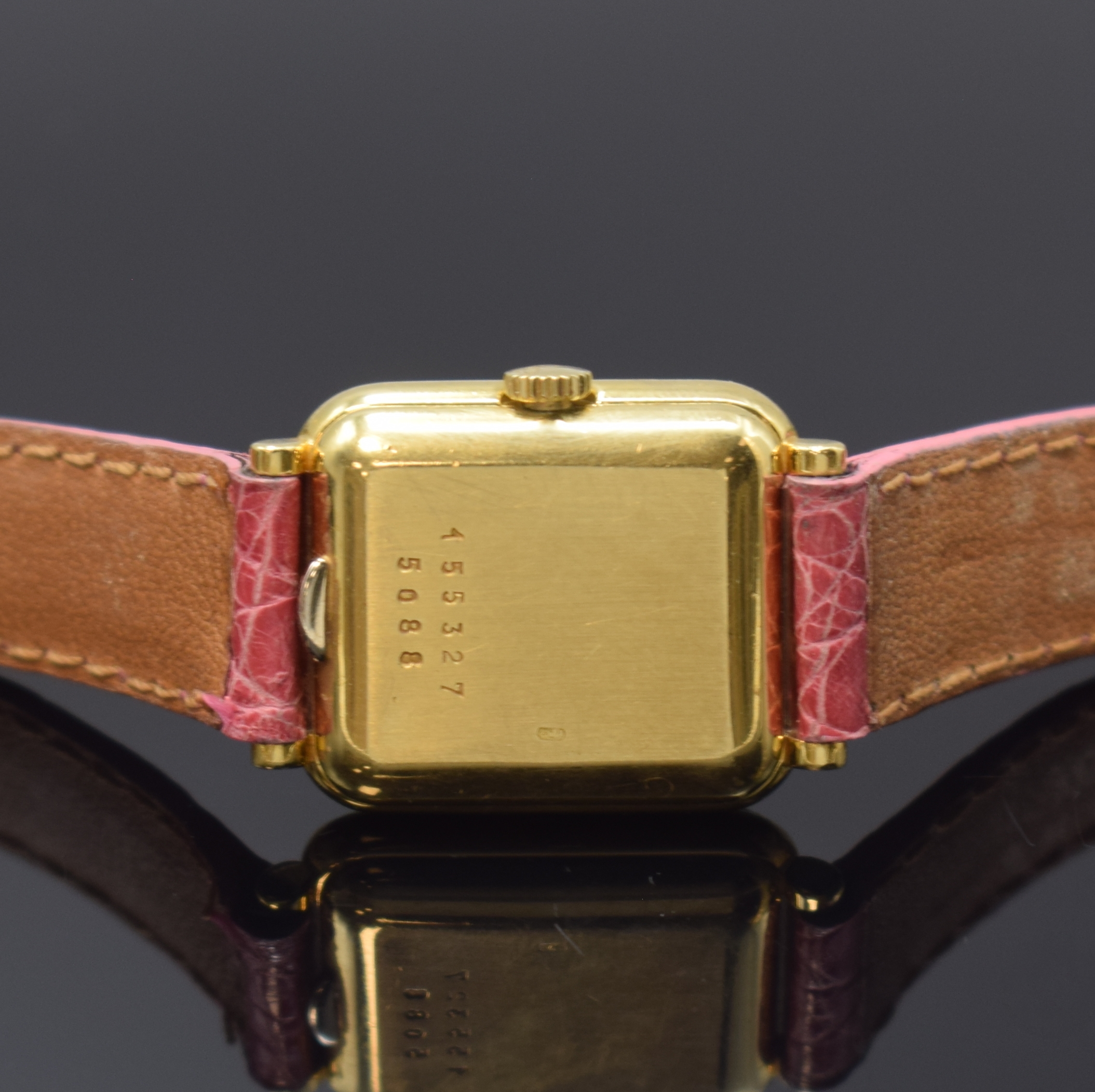 Detail c: CHOPARD Diamantbesetzte Damenarmbanduhr in GG 750/000, Schweiz um 1985, Handaufzug, rechteck. Geh., Boden aufgedr., matt-gold. Zifferbl., gold. ...