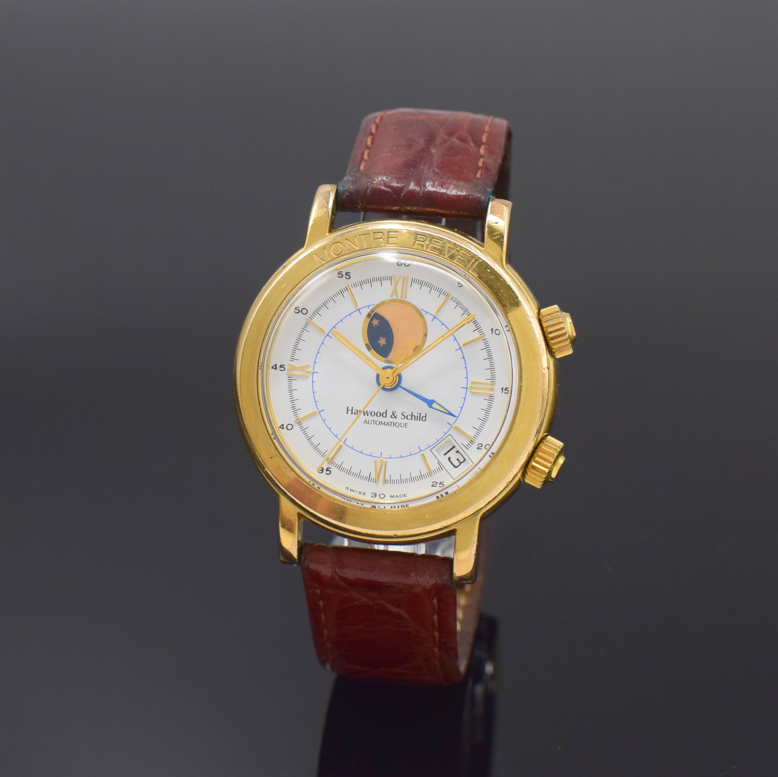 HARWOOD & SCHILD Armbanduhr mit Wecker, Datum und Mondphase, Schweiz um 1990, Automatik, verg. Geh., Stahlboden m. Monogramm-Grav. aufgedr., orig. ...