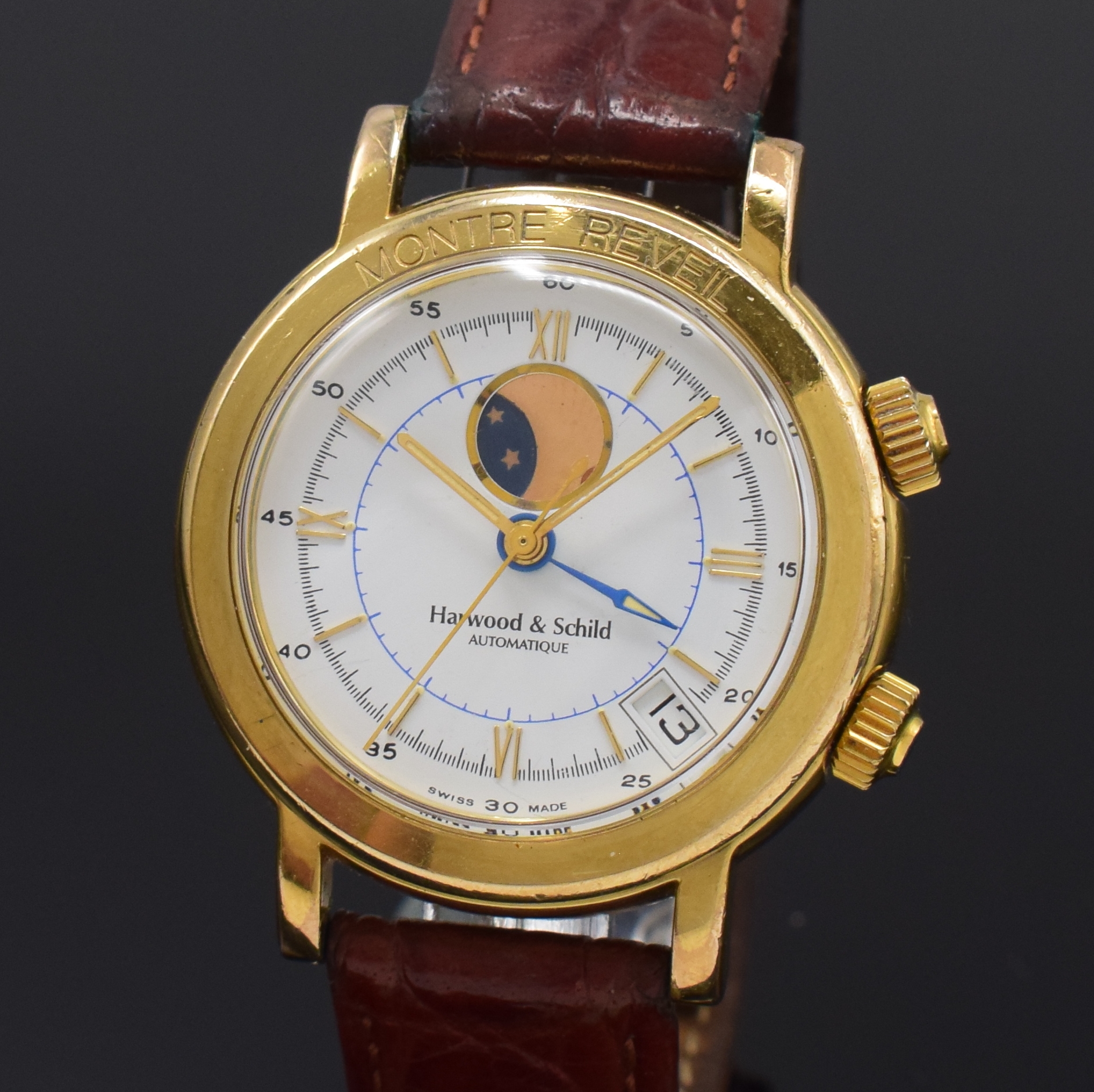 Detail a: HARWOOD & SCHILD Armbanduhr mit Wecker, Datum und Mondphase, Schweiz um 1990, Automatik, verg. Geh., Stahlboden m. Monogramm-Grav. aufgedr., orig. ...