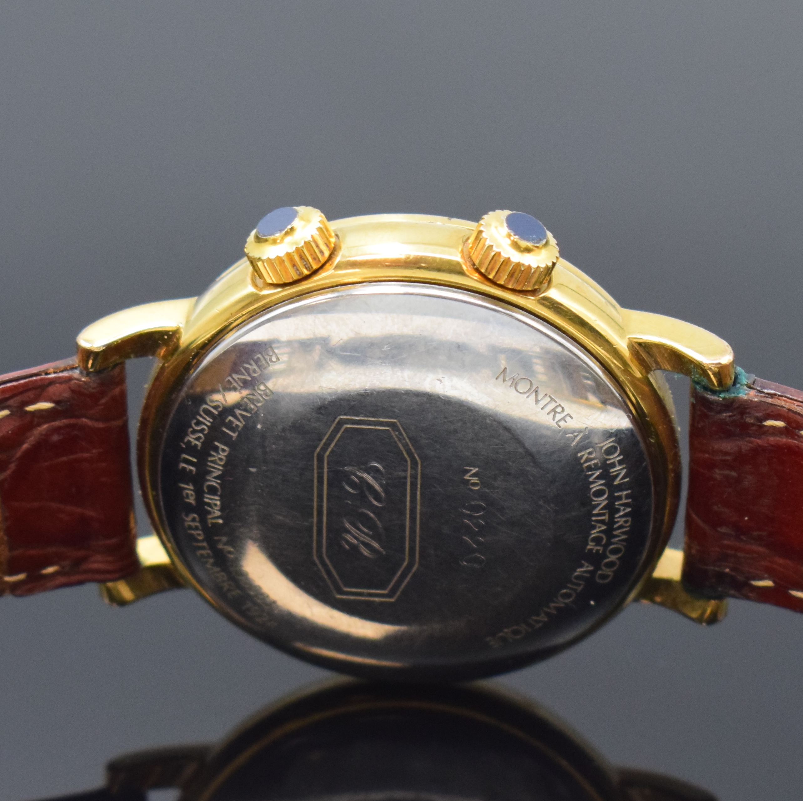 Detail c: HARWOOD & SCHILD Armbanduhr mit Wecker, Datum und Mondphase, Schweiz um 1990, Automatik, verg. Geh., Stahlboden m. Monogramm-Grav. aufgedr., orig. ...