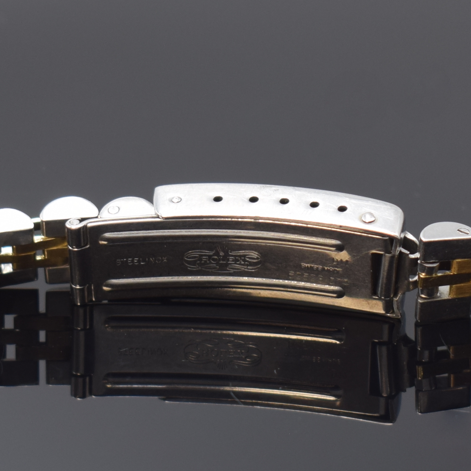 Detail a: ROLEX Jubileeband in Stahl/Gold Referenz 62523.D14, Schweiz um 1980, langes, stark getragenes Band m. Anstoss-Breite 13 mm, f. Referenz 6917, ...