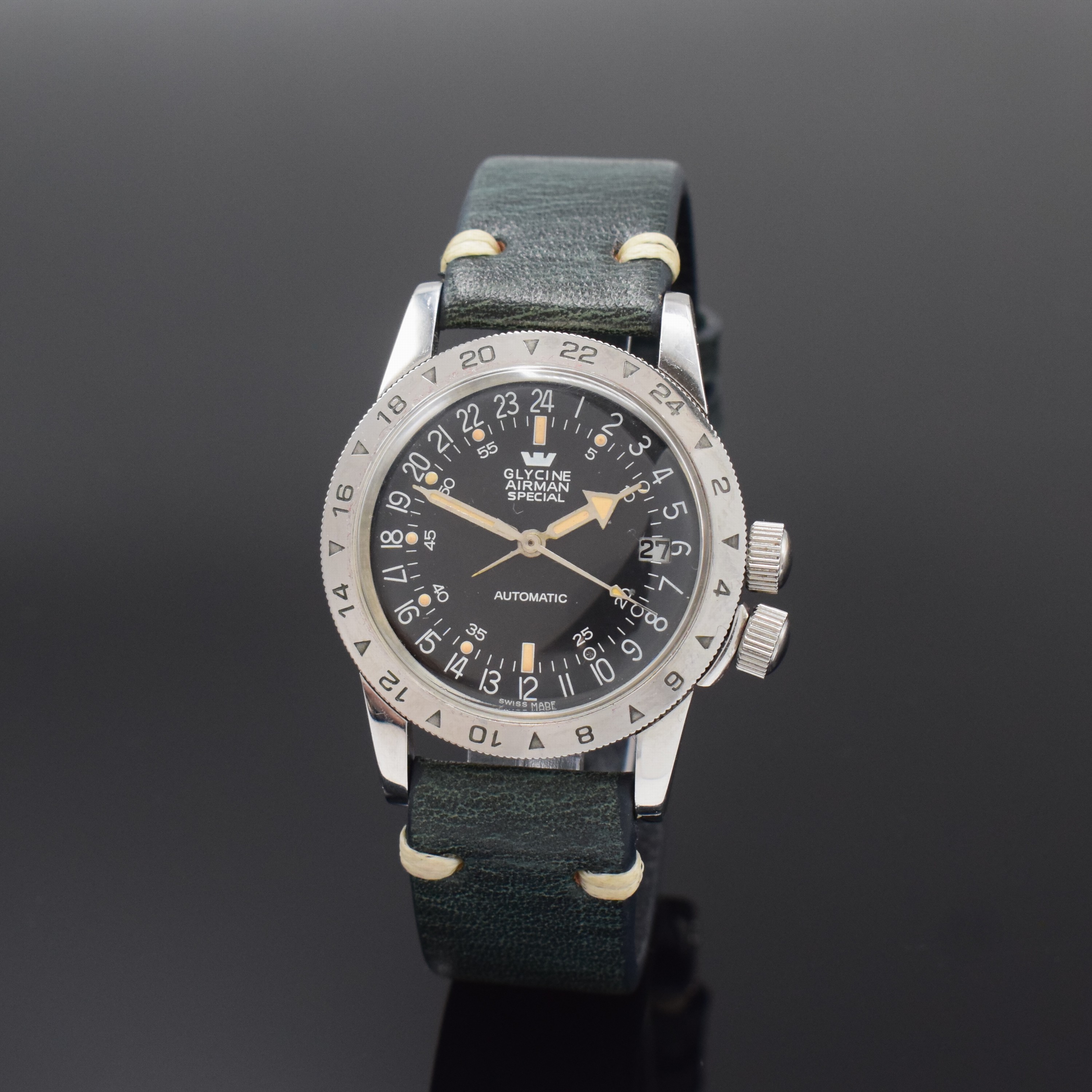 GLYCINE Airman Special Armbanduhr mit 24- Stunden-Anzeige, Schweiz um 1970, Automatik, verschr. Geh., Stahl-Drehlünette m. 24-Std.- Tlg., Krone f. ...