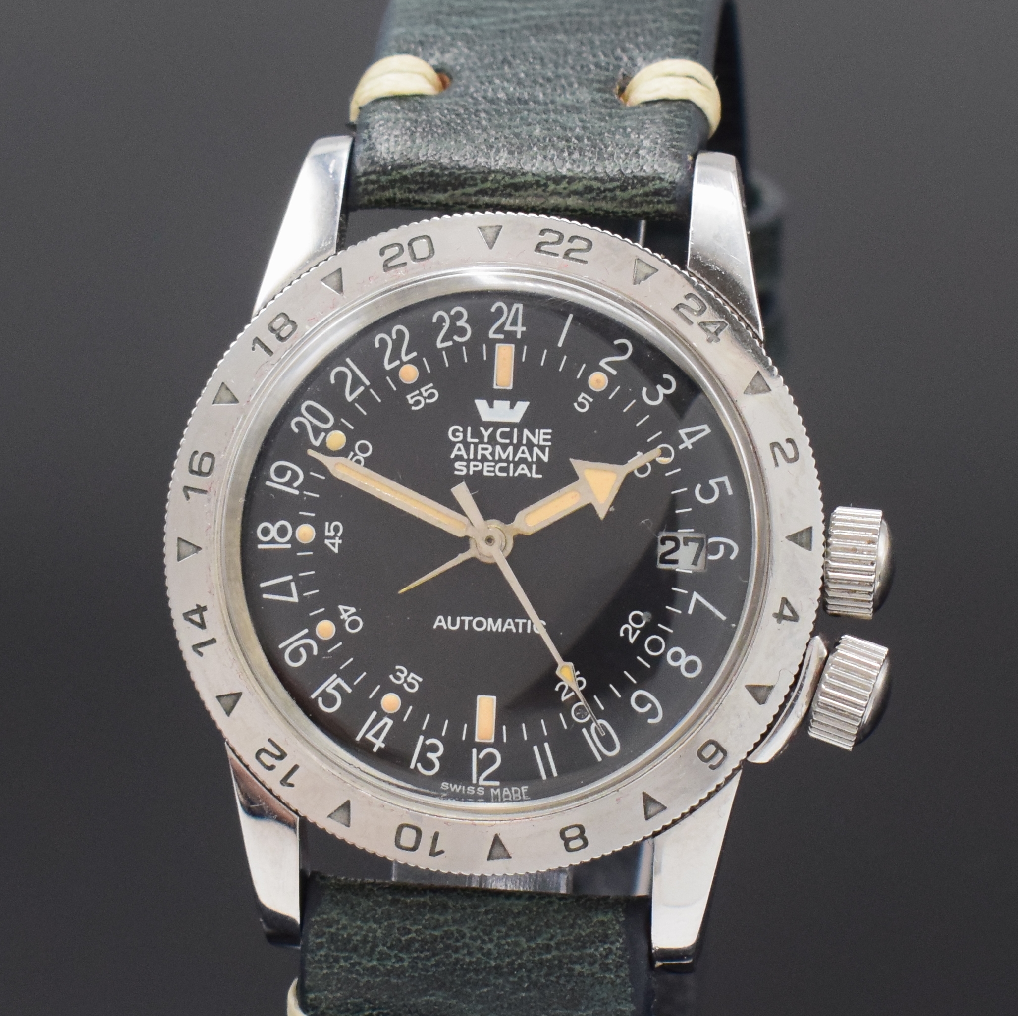 Detail a: GLYCINE Airman Special Armbanduhr mit 24- Stunden-Anzeige, Schweiz um 1970, Automatik, verschr. Geh., Stahl-Drehlünette m. 24-Std.- Tlg., Krone f. ...