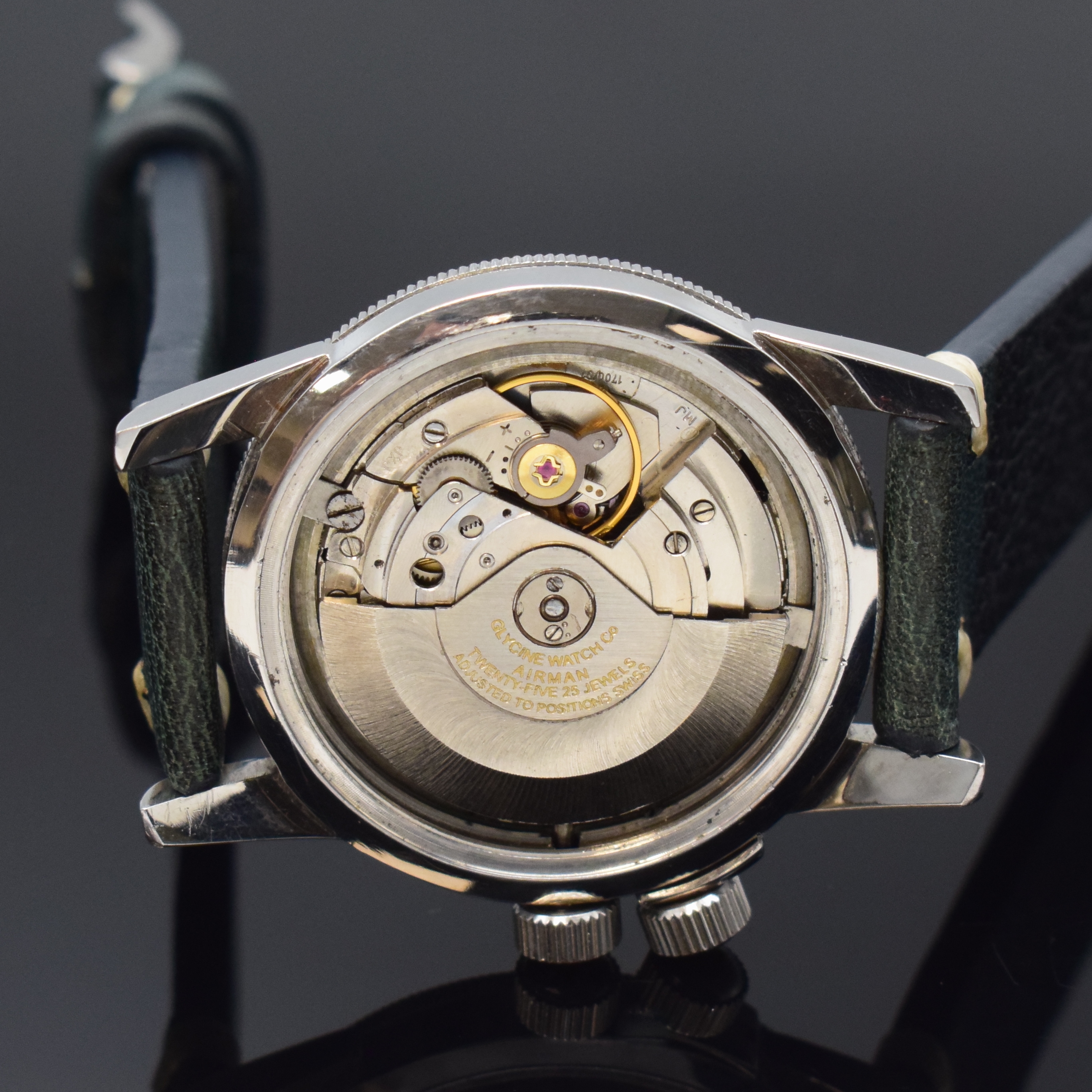 Detail e: GLYCINE Airman Special Armbanduhr mit 24- Stunden-Anzeige, Schweiz um 1970, Automatik, verschr. Geh., Stahl-Drehlünette m. 24-Std.- Tlg., Krone f. ...