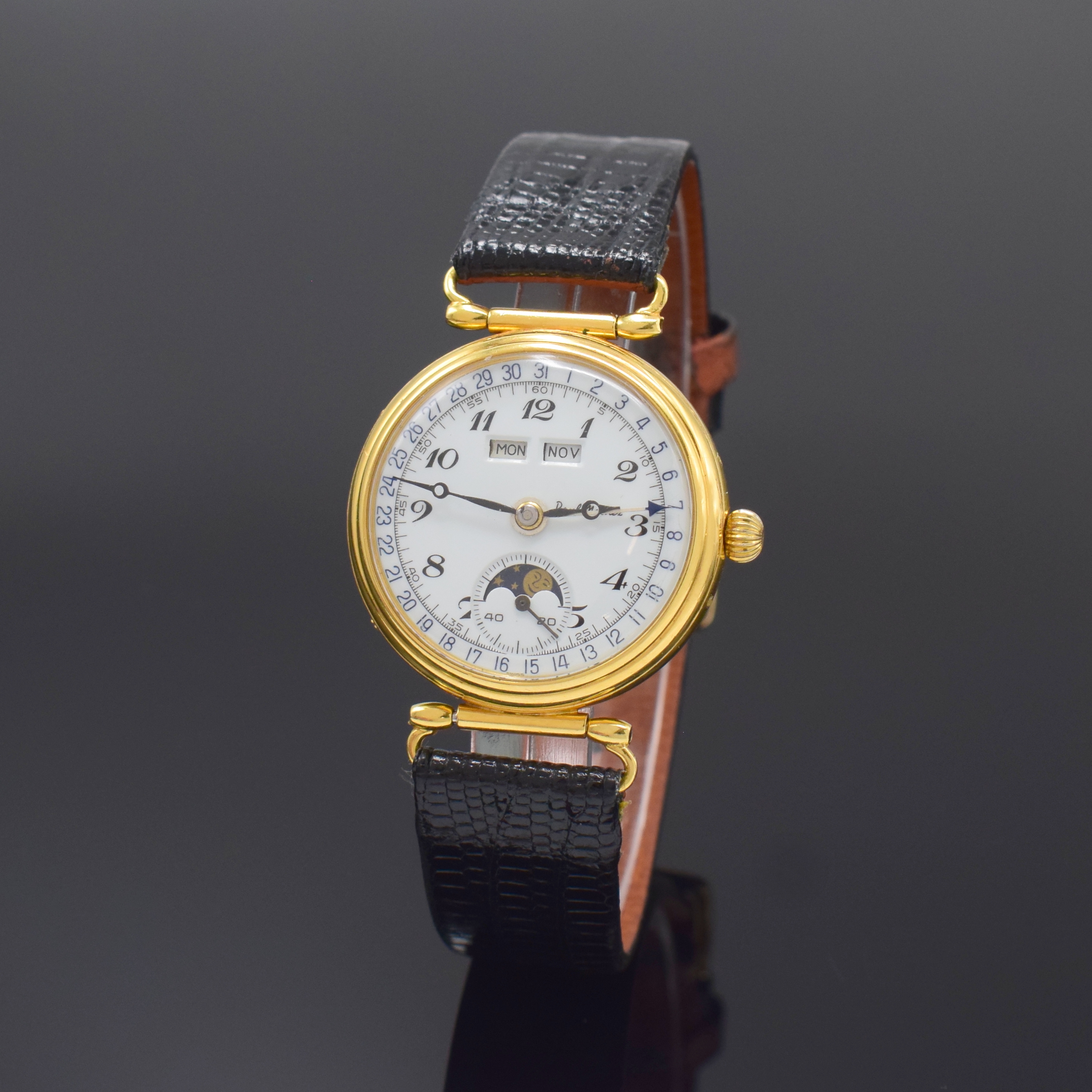 PAUL MATHEZ Armbanduhr mit Vollkalender in GG 750/000, Schweiz um 1990, Handaufzug, 3-tlg. Geh. m. bewegl. Anstössen, Boden u. Glasrand aufgedr., ...