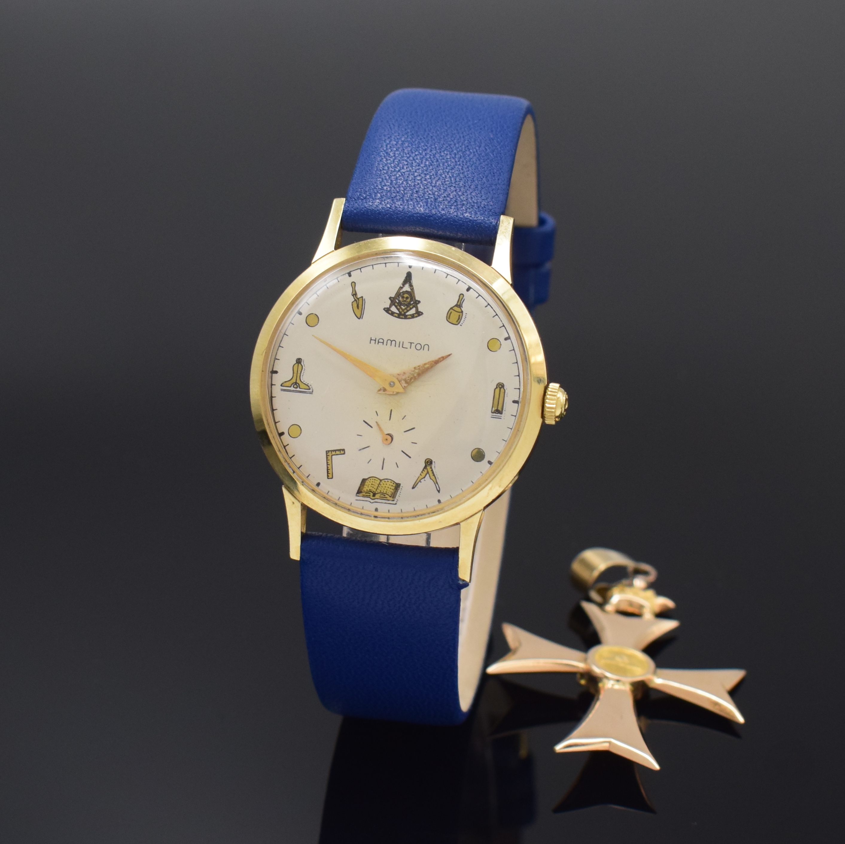 HAMILTON Freimaurer Armbanduhr in GG 585/000 und Kreuz zum 3. Reformations-Jbiläum in 8k Gold, USA um 1955, Handaufzug, 2-tlg. Geh., Boden aufgedr., ...