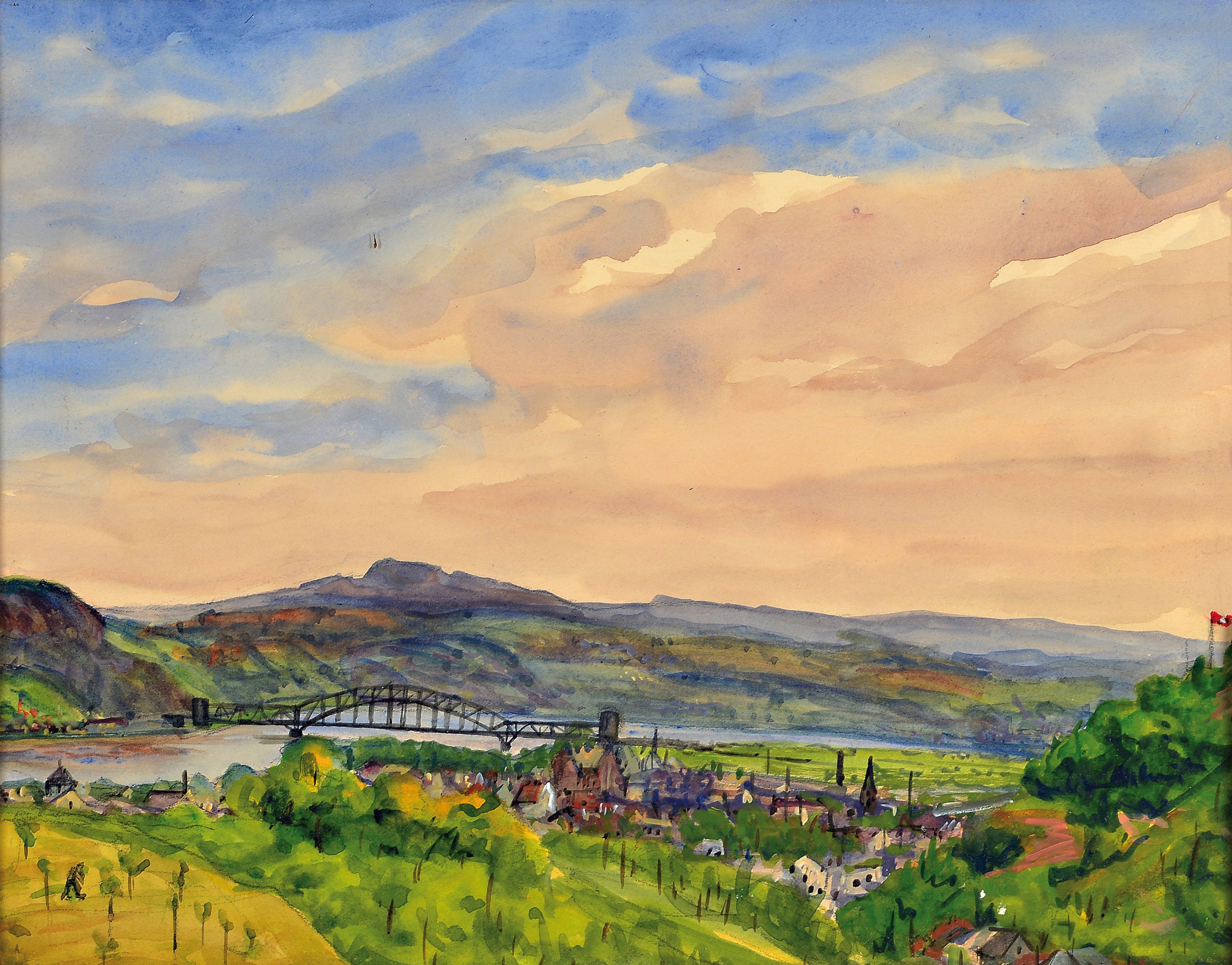 Carl Schmitz-Pleis, 1877 Lüchterscheid-1943 Düsseldorf, Blick auf die Brücke von Remagen vor der Zerstörung, Aquarell auf Papier, ca. 34x43cm, ...