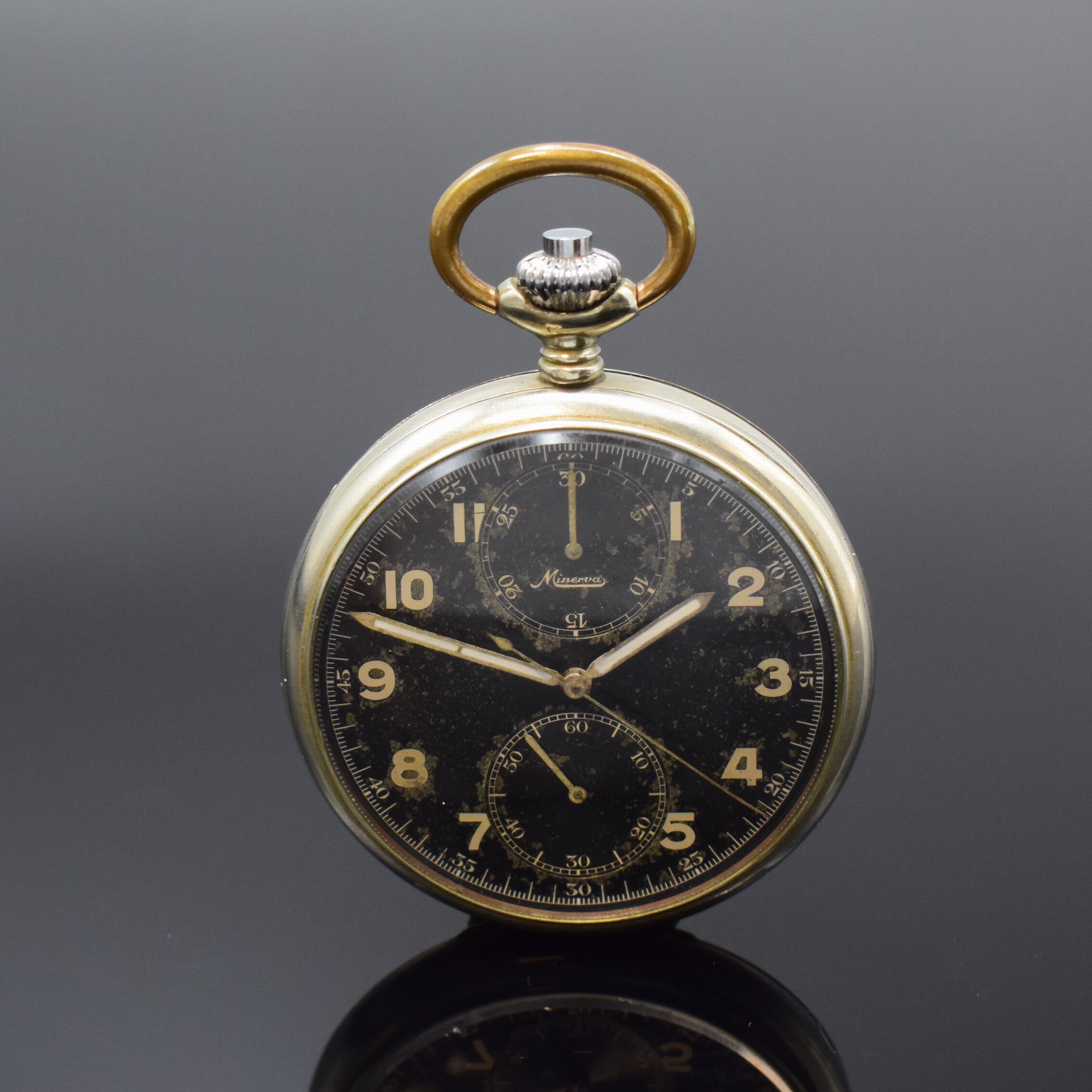 MINERVA Kaliber 9-19 offene Taschenuhr mit Schaltradchronograph, Schweiz um 1930, glattes Nickelgeh., rücks. grav. "Kölner Rennverein 1897 ...